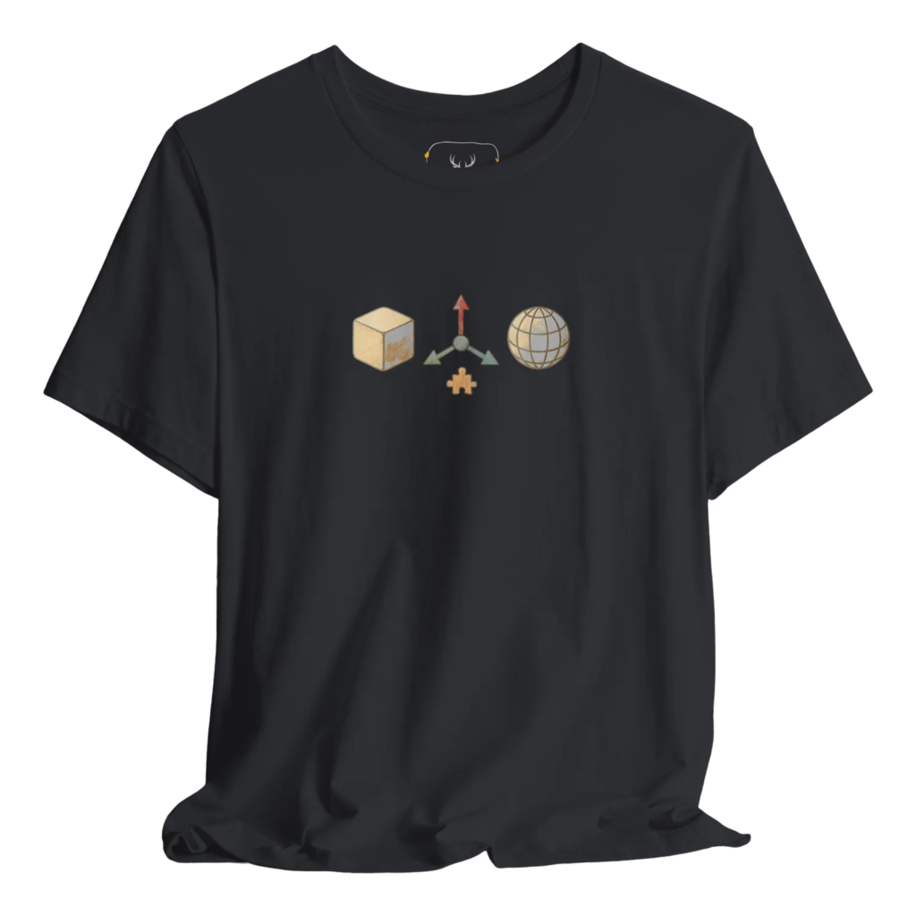 Black t shirt featuring minimal 3D modeling icons — cube, axis gizmo, UV sphere — designed for CG artists, Blender users, game devs, and digital creators.