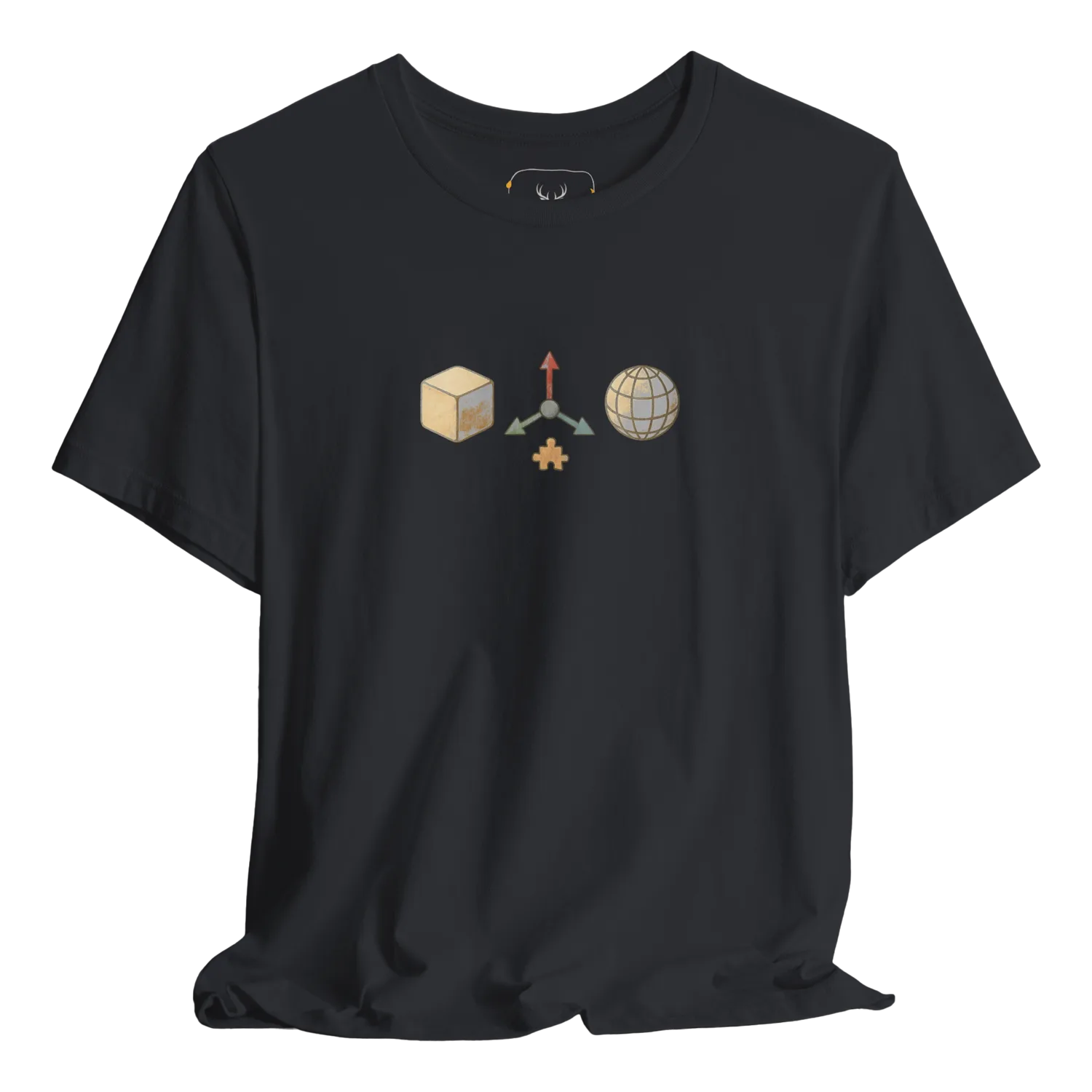 Black t shirt featuring minimal 3D modeling icons — cube, axis gizmo, UV sphere — designed for CG artists, Blender users, game devs, and digital creators.