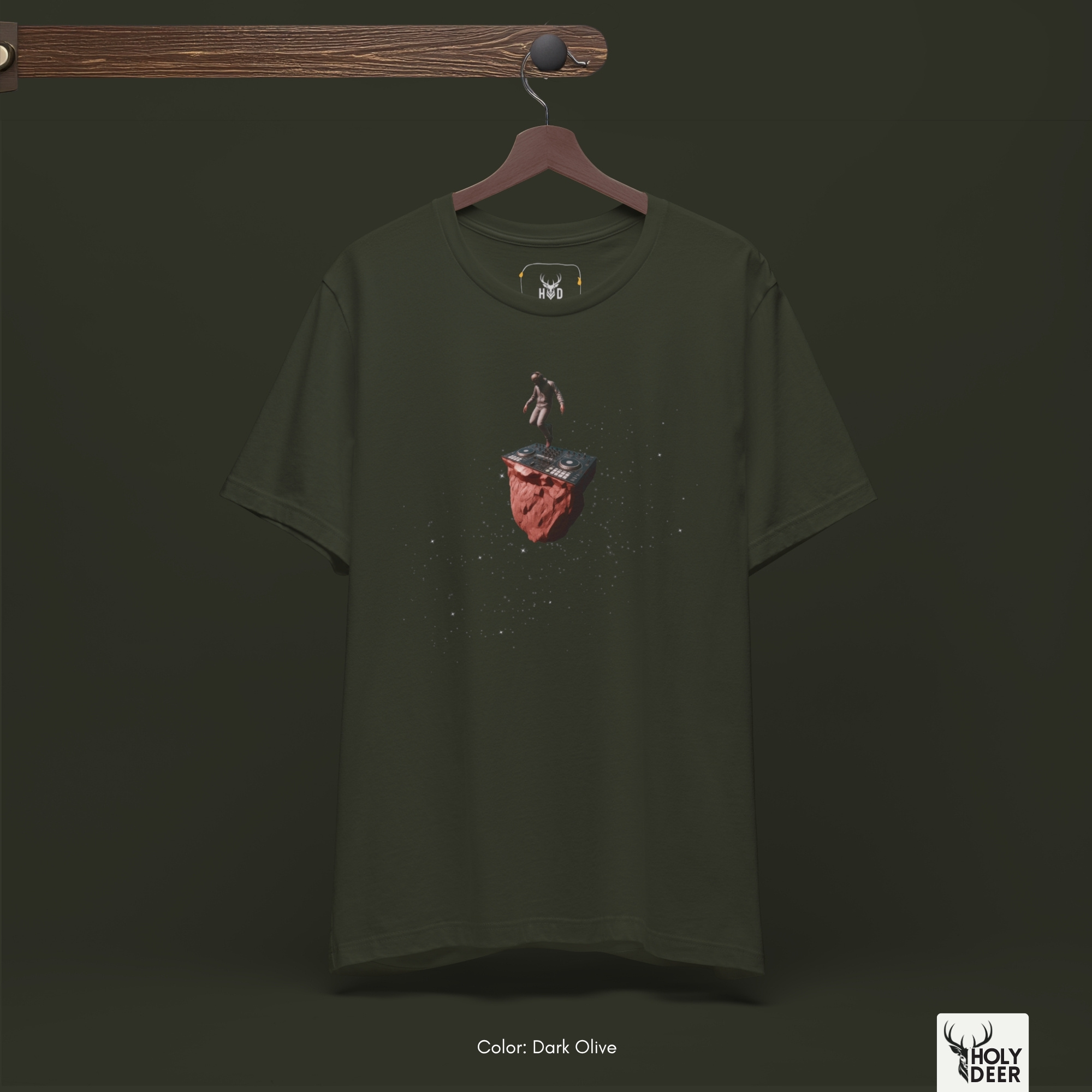 The iconic Techno Rave Tshirt hanging cleanly on a luxury wood hanger, highlighting the robust neckline structure, crisp centered starfield flow, and the official holydeer.com retail tags.