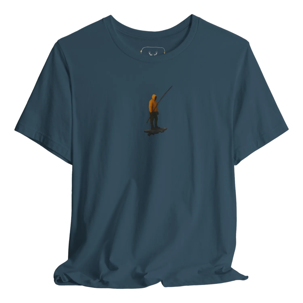 Blue t shirt featuring a minimal graphic of a fisherman standing with a fishing rod, perfect for anglers, outdoor fishing lovers, weekend fishermen and anyone who enjoys river fishing, lake trips, coastal casting, boating and the quiet fishing lifestyle. Ideal for casual streetwear, outdoor adventures, camping trips and fishing-themed gift ideas for men who love the outdoors.