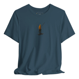 Blue t shirt featuring a minimal graphic of a fisherman standing with a fishing rod, perfect for anglers, outdoor fishing lovers, weekend fishermen and anyone who enjoys river fishing, lake trips, coastal casting, boating and the quiet fishing lifestyle. Ideal for casual streetwear, outdoor adventures, camping trips and fishing-themed gift ideas for men who love the outdoors.
