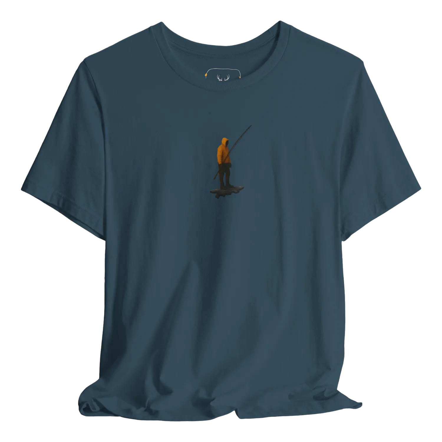 Blue t shirt featuring a minimal graphic of a fisherman standing with a fishing rod, perfect for anglers, outdoor fishing lovers, weekend fishermen and anyone who enjoys river fishing, lake trips, coastal casting, boating and the quiet fishing lifestyle. Ideal for casual streetwear, outdoor adventures, camping trips and fishing-themed gift ideas for men who love the outdoors.