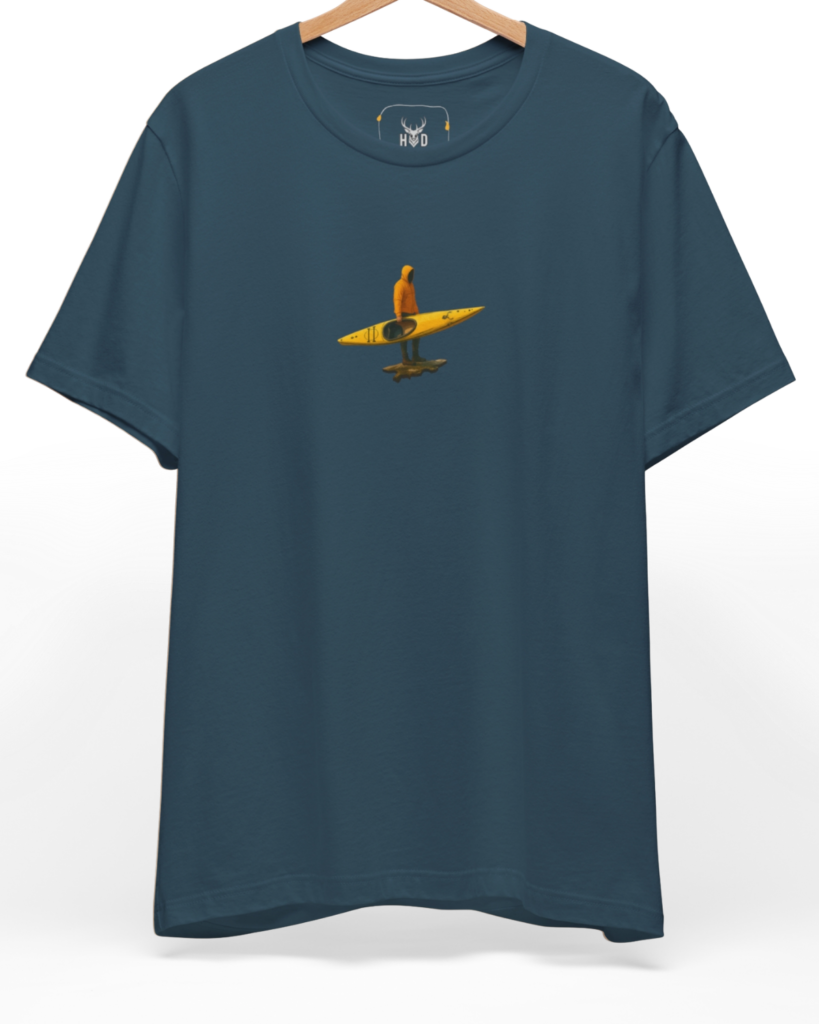 Premium River Adventure Tee displaying a high-detail yellow kayak silhouette and explorer jacket on a black graphic shirt layout, designed by Holydeer Clothing.