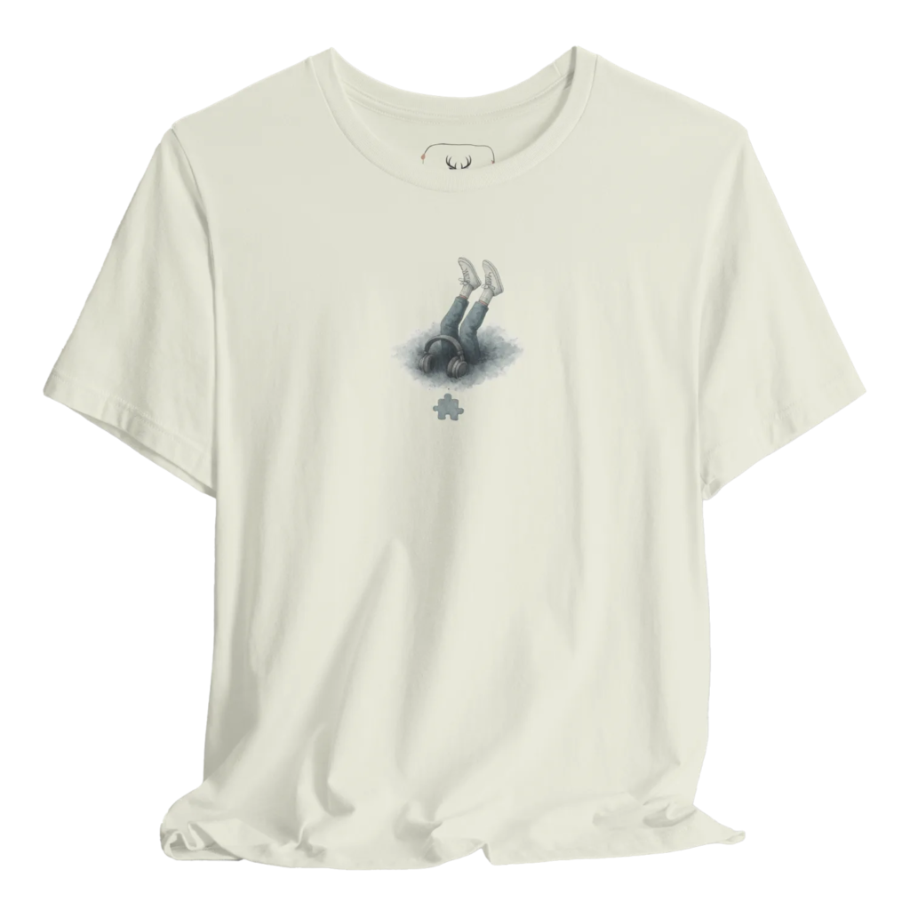 White t shirt featuring a minimal music lover illustration with hanging legs and headphones placed on the ground, symbolizing being lost in music. Perfect for music producers, musicians, DJs, beatmakers, audio engineers, and lo-fi enthusiasts who enjoy studio sessions, concerts, festivals and creative streetwear. Ideal for gifting to music lovers who appreciate minimal illustrations and soft indie aesthetics.