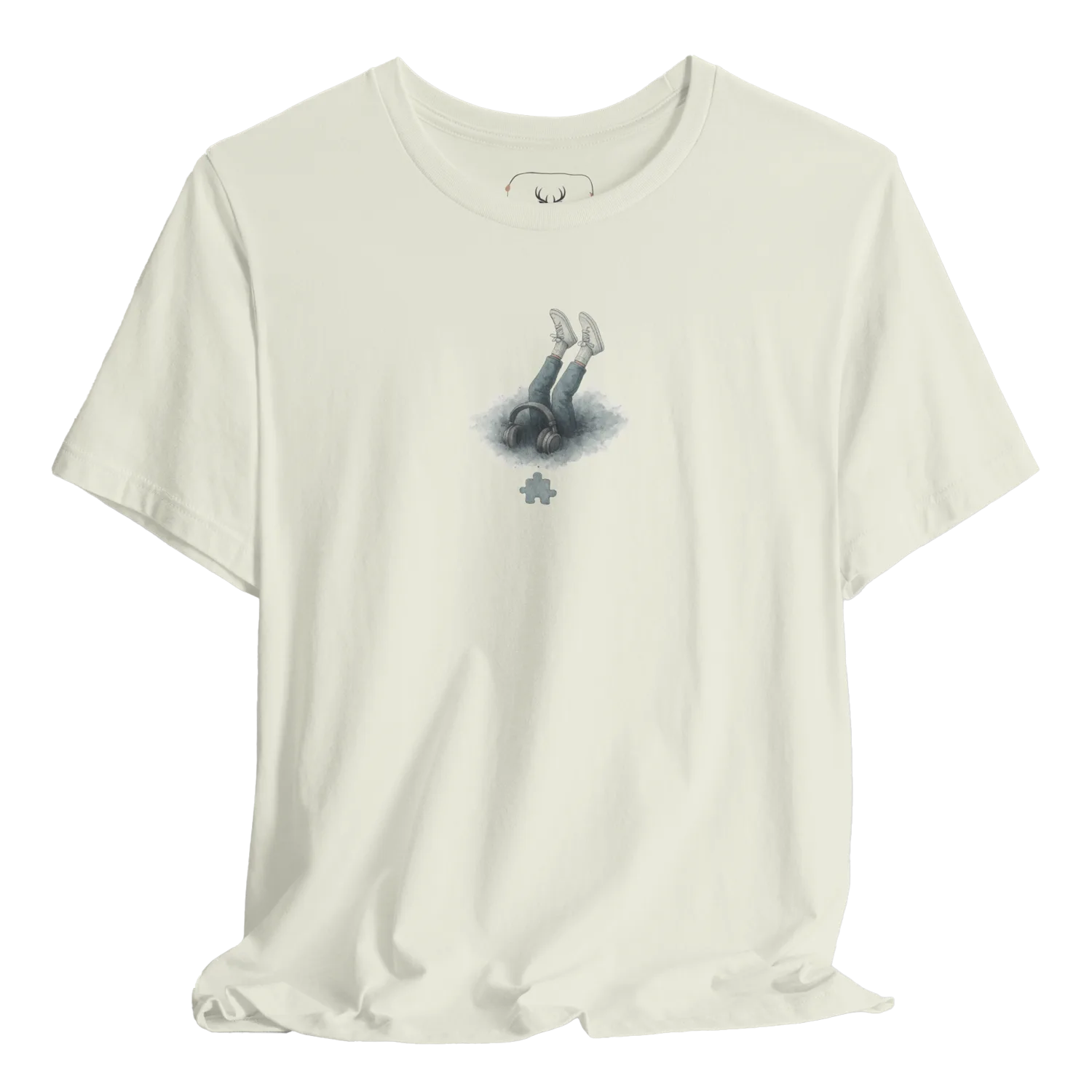 White t shirt featuring a minimal music lover illustration with hanging legs and headphones placed on the ground, symbolizing being lost in music. Perfect for music producers, musicians, DJs, beatmakers, audio engineers, and lo-fi enthusiasts who enjoy studio sessions, concerts, festivals and creative streetwear. Ideal for gifting to music lovers who appreciate minimal illustrations and soft indie aesthetics.