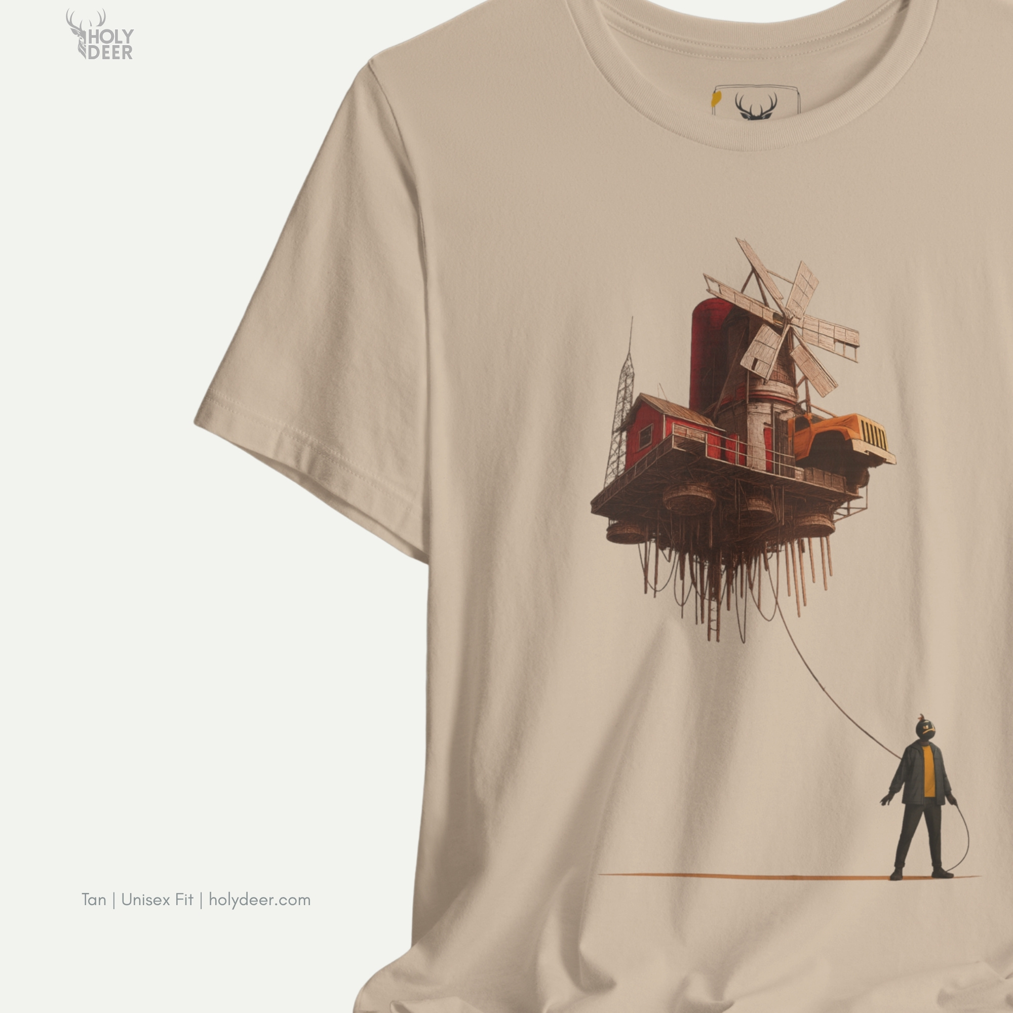 Professional flat lay photography of the Surreal Art Tshirt by Holydeer Apparel, arranged elegantly next to minimalist architectural blueprints and premium art gift tshirt items.