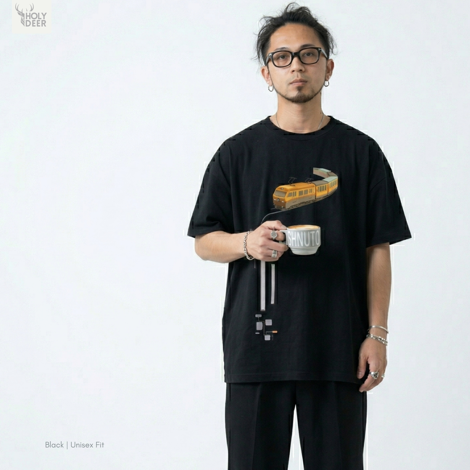 Brutalist underground concrete station architecture outdoor lifestyle model wearing the centered Subway Tee from Holydeer Clothing, standing as a high-end urban transit tee statement matching elite modern rail tee trends.