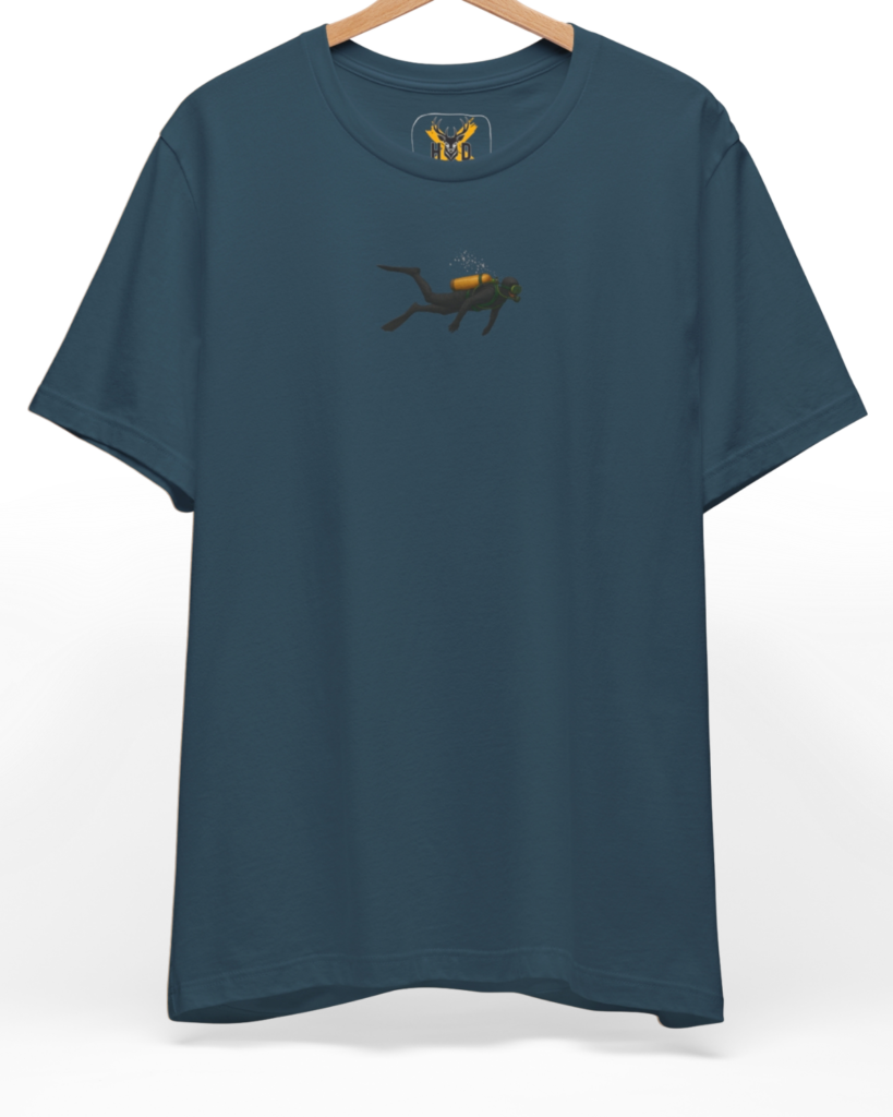Premium Scuba Diving Shirt displaying a high-detail aesthetic dive art shirt design and marine life apparel concept on a vintage white top layout, designed by Holydeer Clothing.