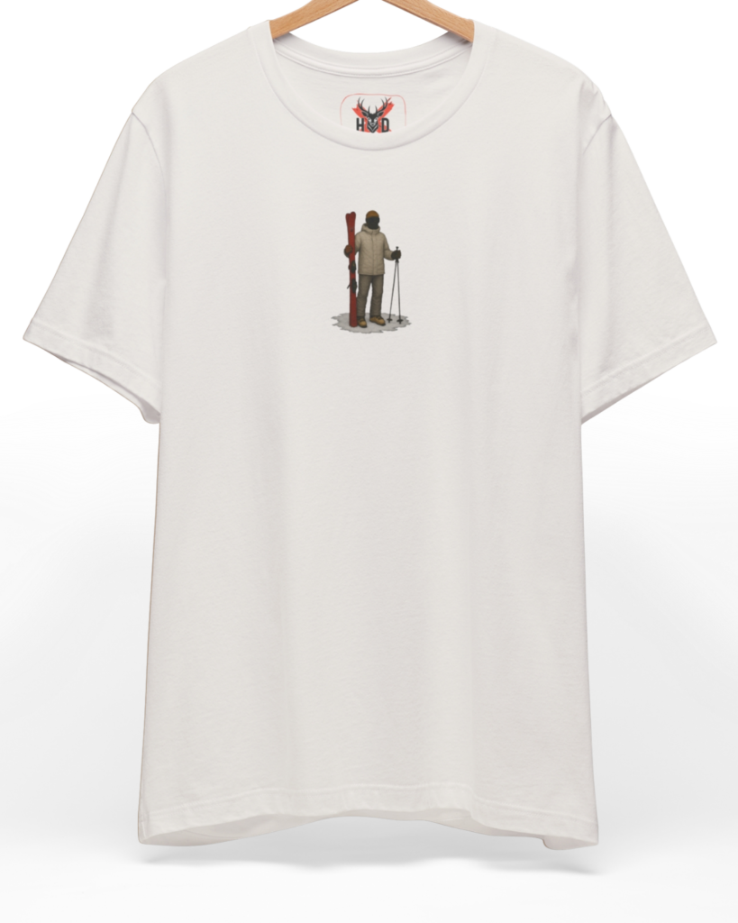 Premium Minimalist Ski Tee displaying a small print tshirt kayakçı graphic and vintage ski wear concept on a vintage white tee backdrop, designed by Holydeer Clothing.