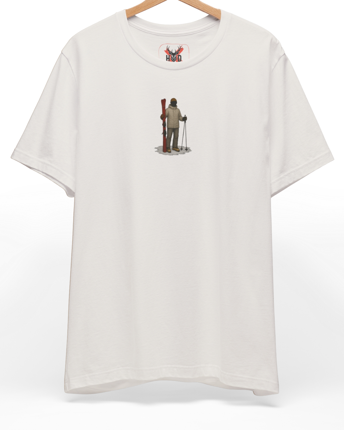 Premium Minimalist Ski Tee displaying a small print tshirt kayakçı graphic and vintage ski wear concept on a vintage white tee backdrop, designed by Holydeer Clothing.