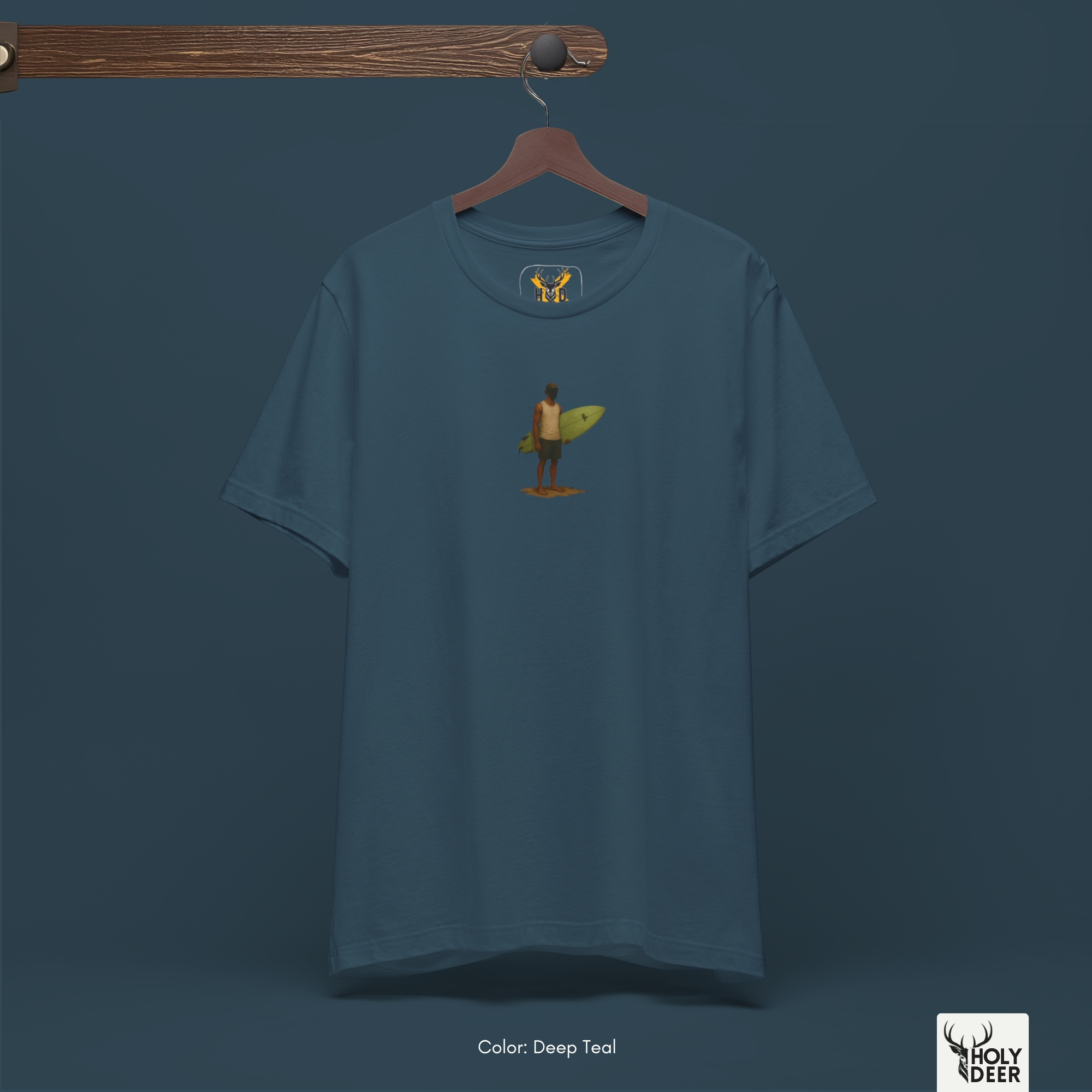 Professional flat lay photography of the Retro Surfer Shirt by Holydeer Apparel, arranged cleanly next to retro leather beach sandals, polarized sunglasses, and premium summer vacation essentials.