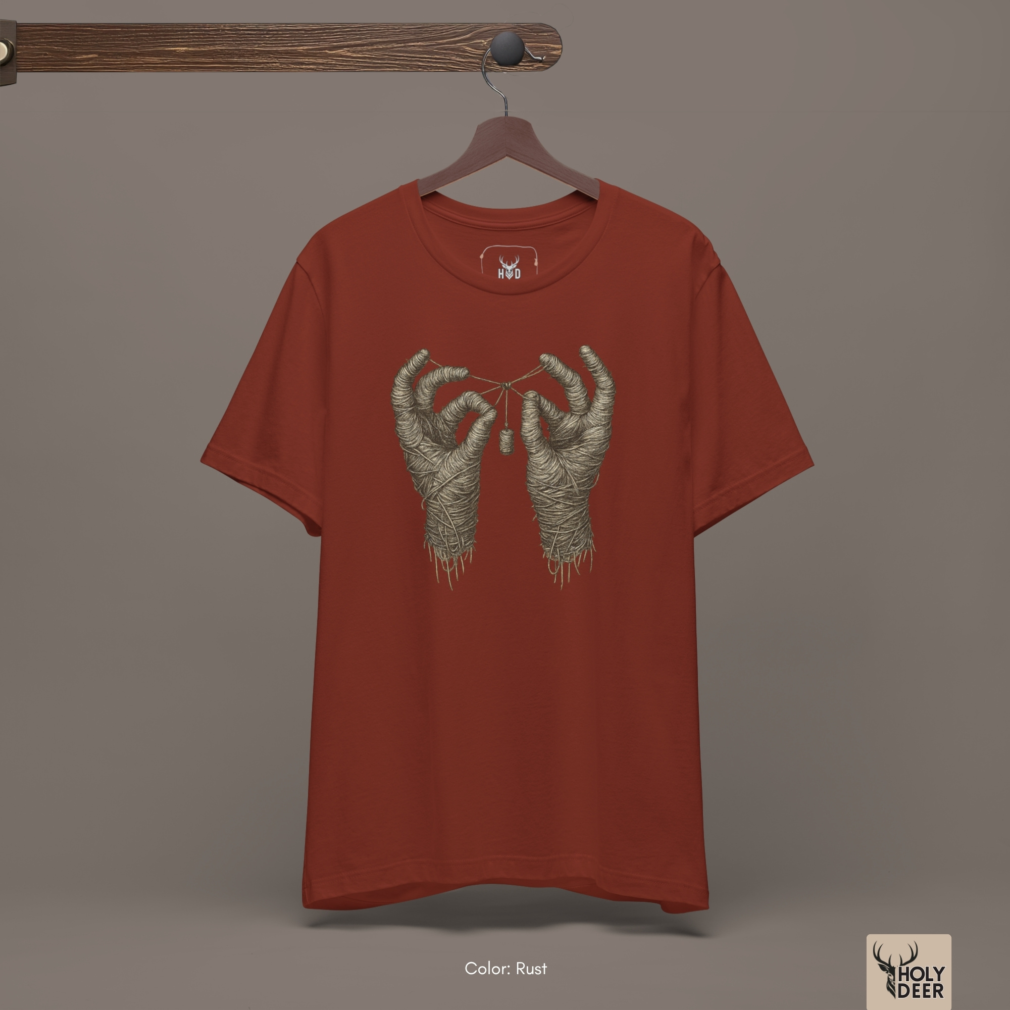 Angled perspective of the premium screen-printed Mummy Hands Shirt, detailing the thick paint feel of the mirrored sargılı hands layout and tight central rope loops, center layout placement, and the signature holydeer tee high-contrast design.