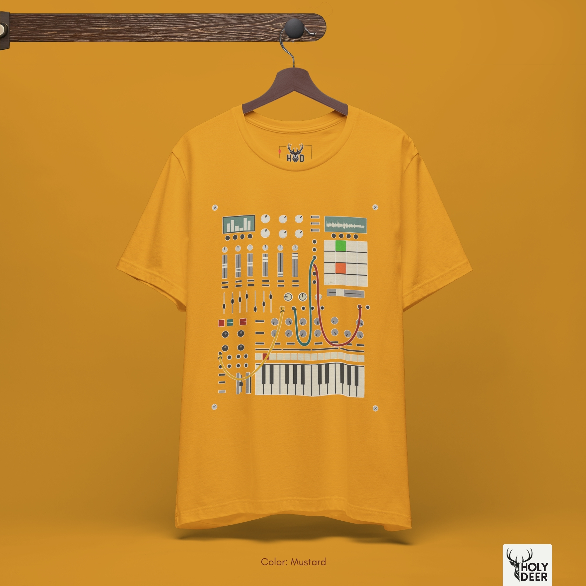 Professional flat lay photography of the Modular Synth Tee by Holydeer Apparel, arranged elegantly next to matte black Eurorack modules, custom audio cables, and premium studio gear apparel accessories.