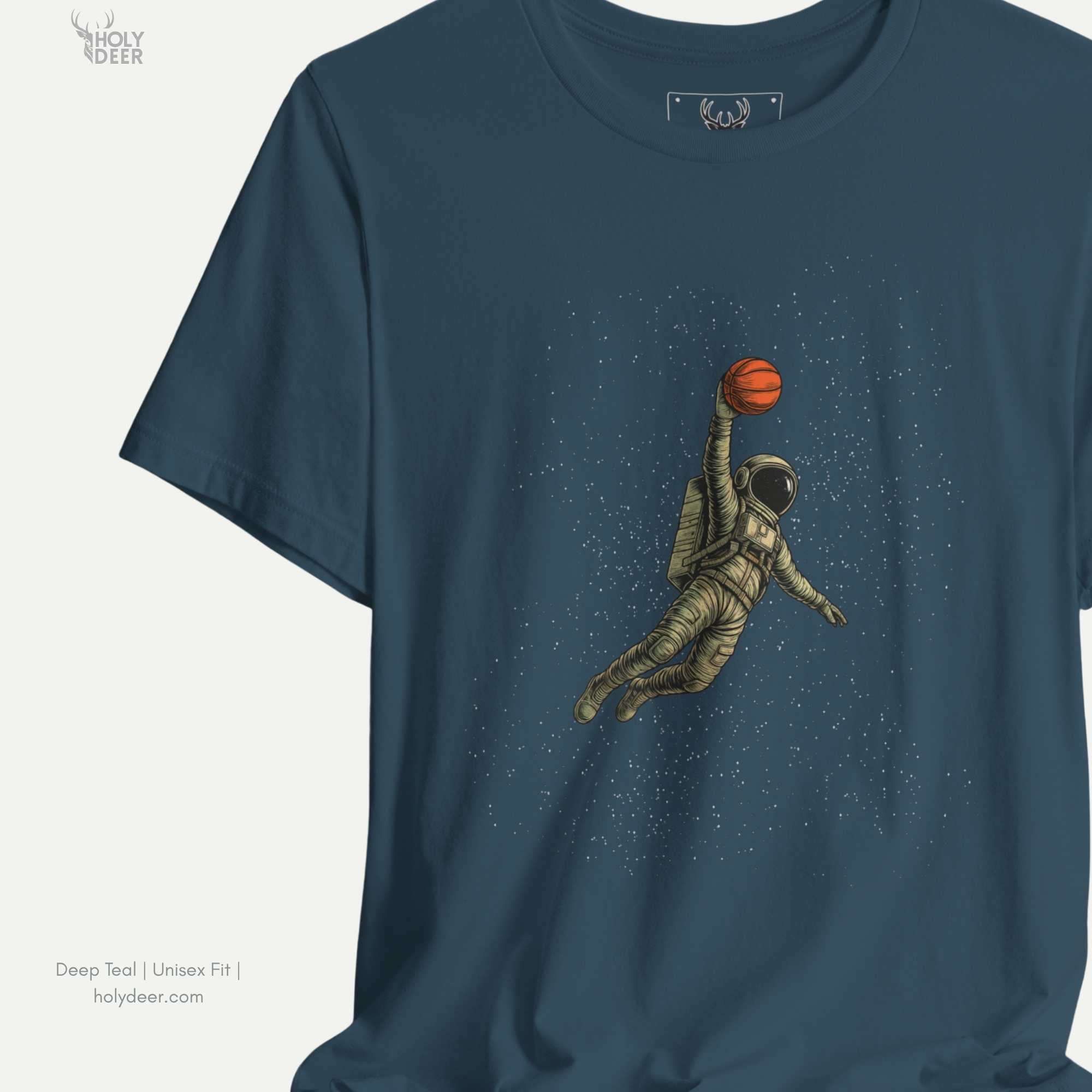 The iconic Cyberpunk Basketball hanging cleanly on a luxury wood hanger, highlighting the robust neckline structure, crisp centered dunk flight trajectory flow, and the official holydeer.com retail tags.