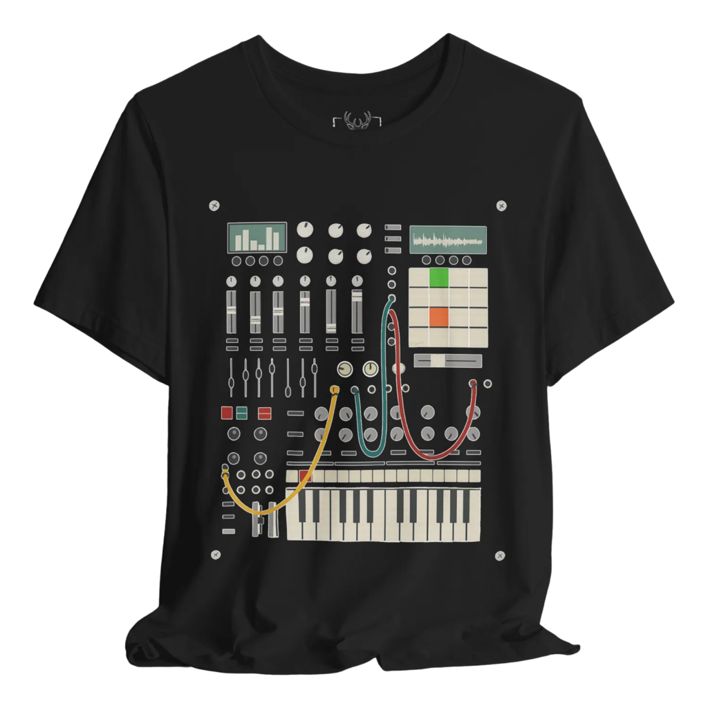 Black t shirt featuring a detailed modular synthesizer interface with patch cables, faders, meters, waveform displays, piano keys, and DAW-style elements, designed for music producers, sound designers, EDM artists, and audio engineers who love electronic music and studio gear.