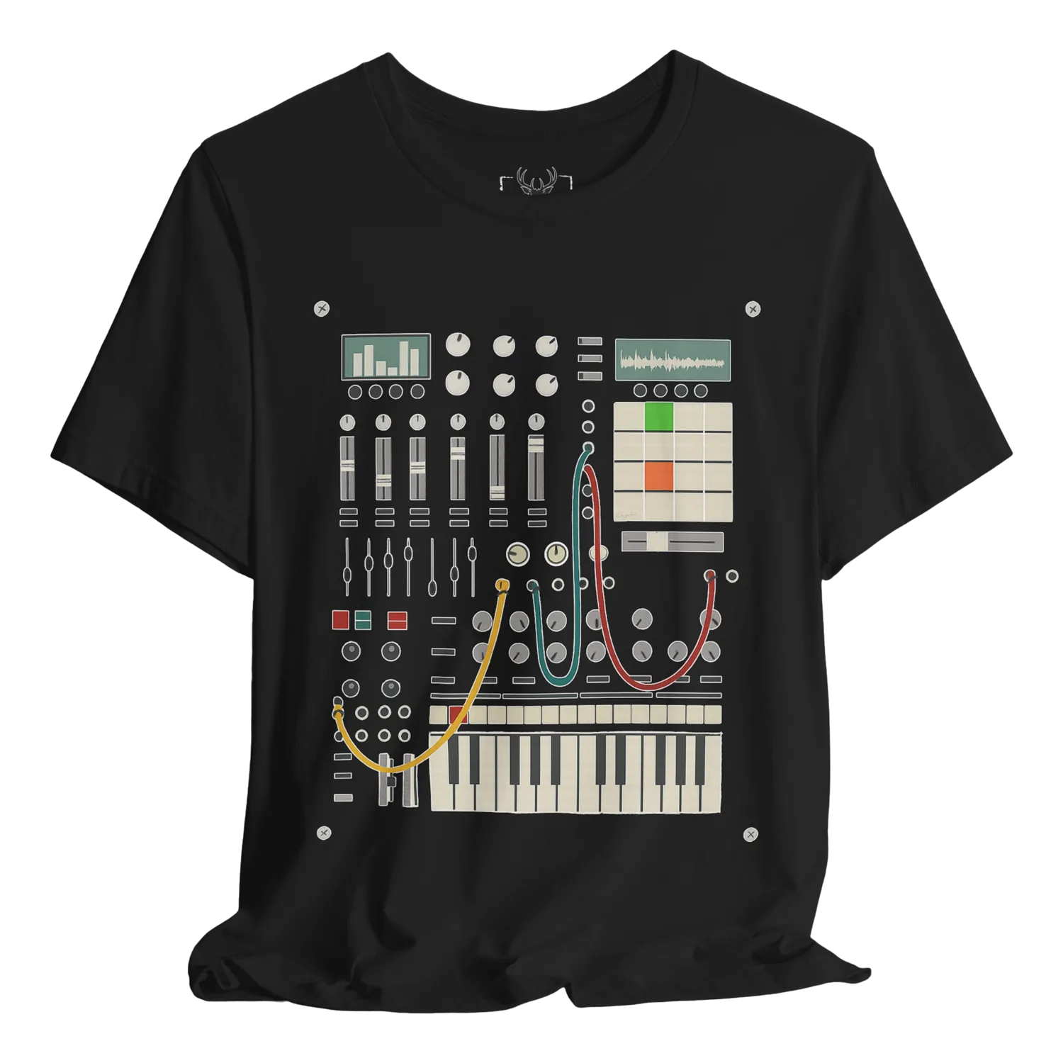 Black t shirt featuring a detailed modular synthesizer interface with patch cables, faders, meters, waveform displays, piano keys, and DAW-style elements, designed for music producers, sound designers, EDM artists, and audio engineers who love electronic music and studio gear.