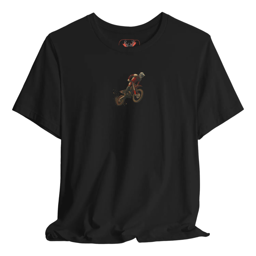 Black t shirt featuring a detailed motocross dirt bike rider performing a jump, with flying dirt particles for a dynamic off-road effect. Perfect for motocross riders, MX fans, enduro racers, trail riders and off-road motorcycle enthusiasts who enjoy motorsport events, weekend trail riding, extreme sports gear and rider lifestyle apparel.