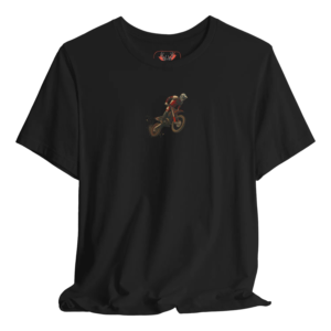 Black t shirt featuring a detailed motocross dirt bike rider performing a jump, with flying dirt particles for a dynamic off-road effect. Perfect for motocross riders, MX fans, enduro racers, trail riders and off-road motorcycle enthusiasts who enjoy motorsport events, weekend trail riding, extreme sports gear and rider lifestyle apparel.