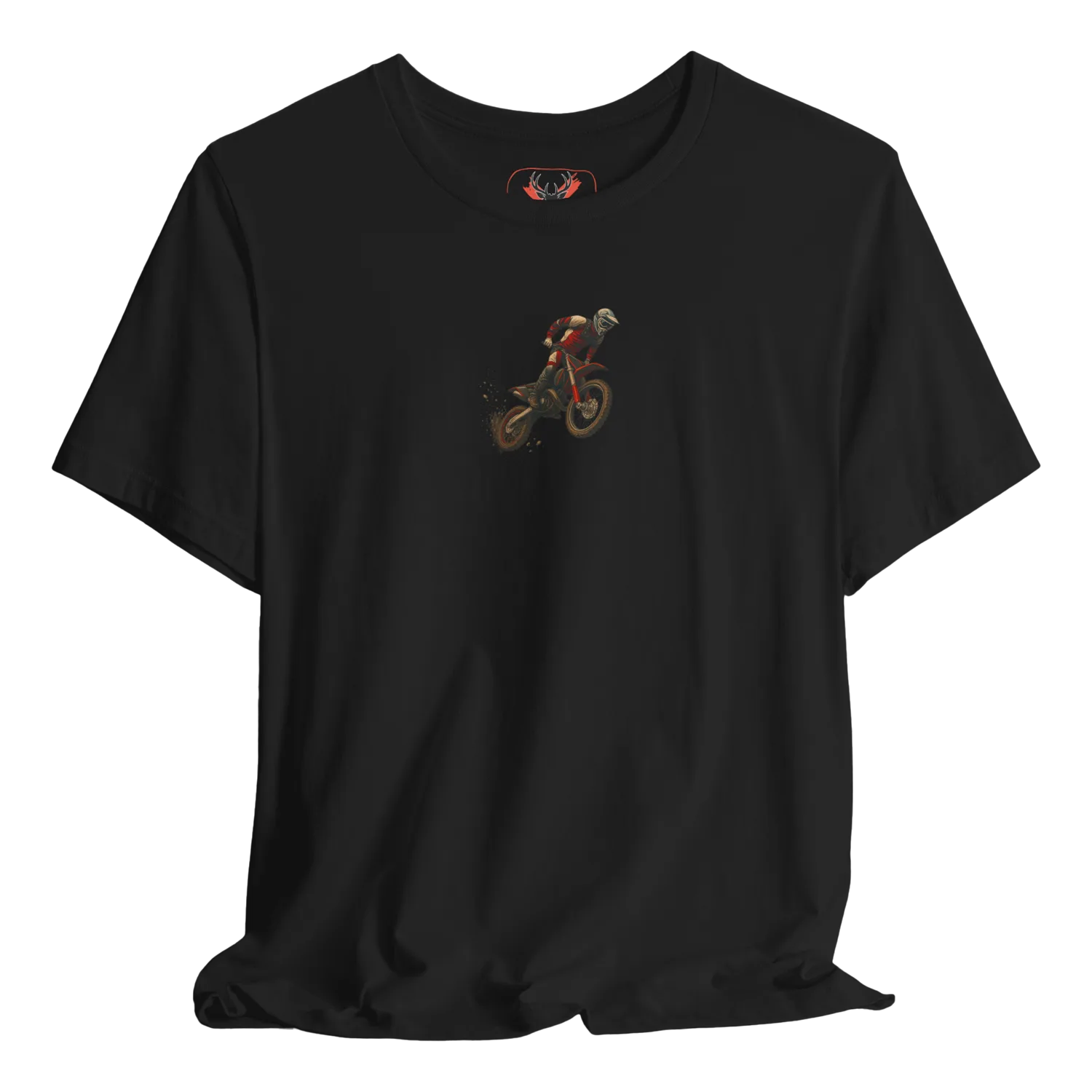 Black t shirt featuring a detailed motocross dirt bike rider performing a jump, with flying dirt particles for a dynamic off-road effect. Perfect for motocross riders, MX fans, enduro racers, trail riders and off-road motorcycle enthusiasts who enjoy motorsport events, weekend trail riding, extreme sports gear and rider lifestyle apparel.