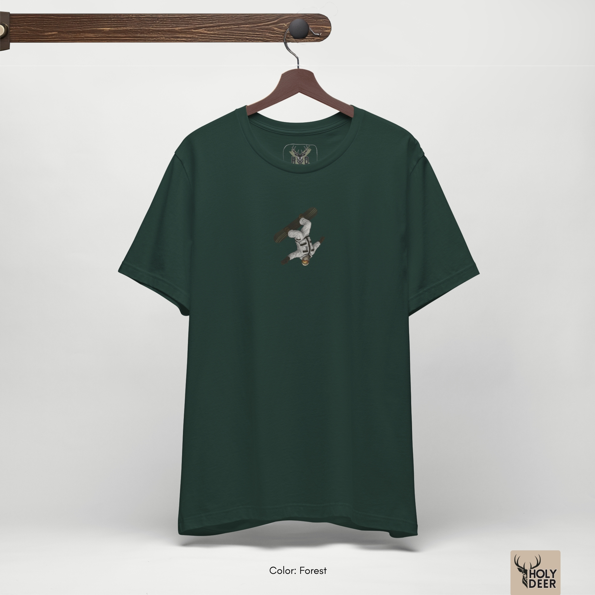 Angled perspective of the premium screen-printed Backflip Snowboard tee, detailing the thick paint feel of the inverted athlete silhouette and snowboard graphic lines, asymmetric chest placement, and the signature holydeer tee high-contrast design.