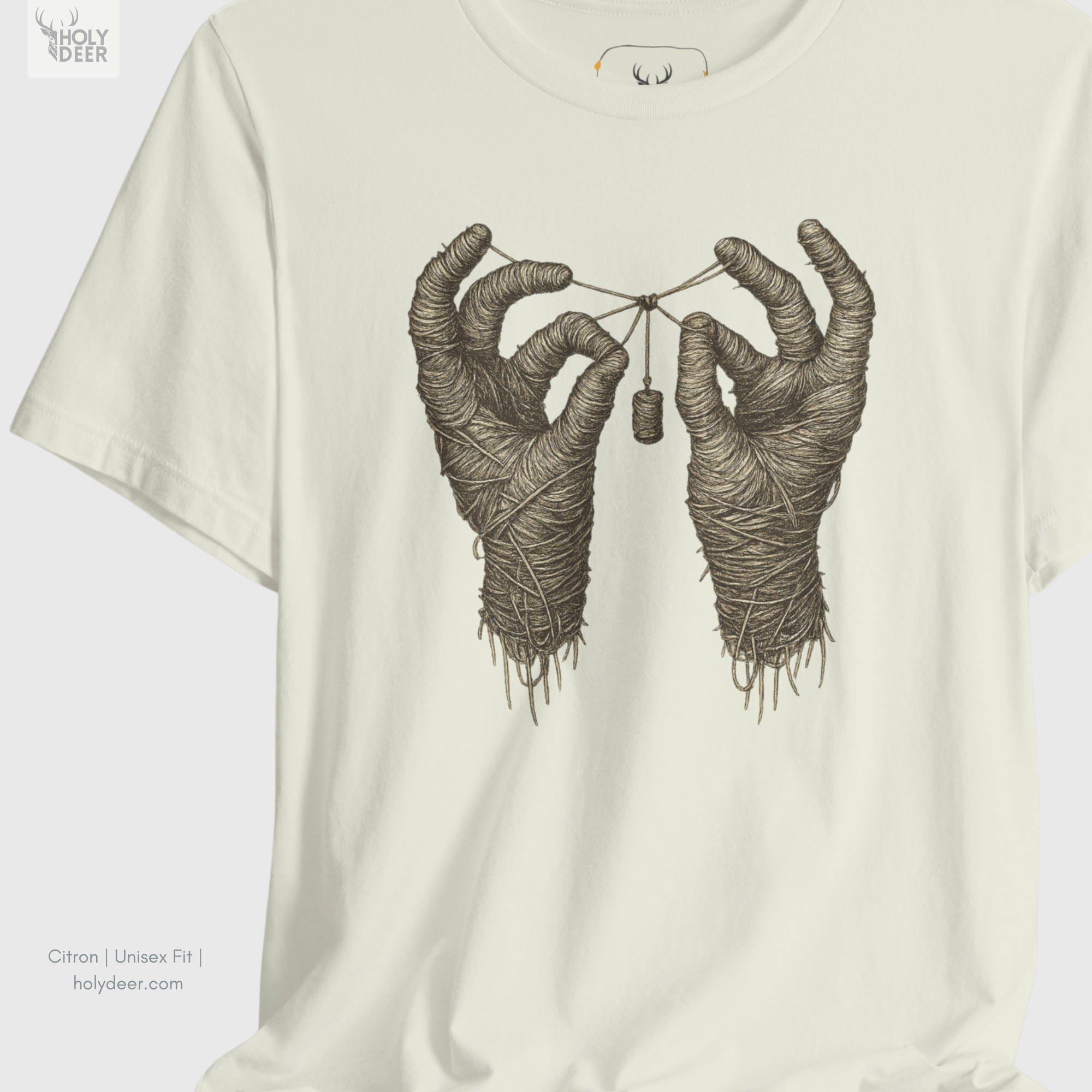The iconic Mummy Hands Shirt hanging cleanly on a luxury wood hanger, highlighting the robust neckline structure, crisp centered ancient ritüel layout flow, and the official holydeer.com retail tags.