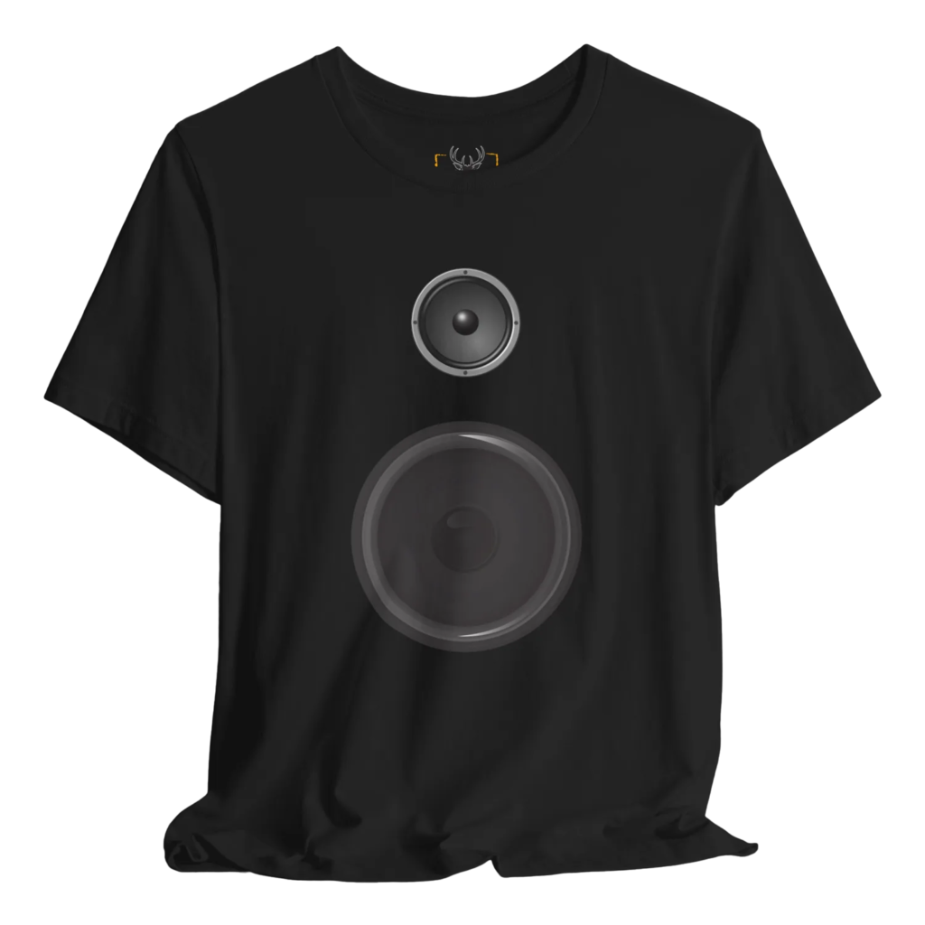 Stylish graphic t-shirt featuring a unique speaker design, perfect for music enthusiasts and fans. This comfortable tee combines trendy fashion with music inspiration, making it a must-have for anyone who loves audio and seeks to express their passion for music through their clothing choices.