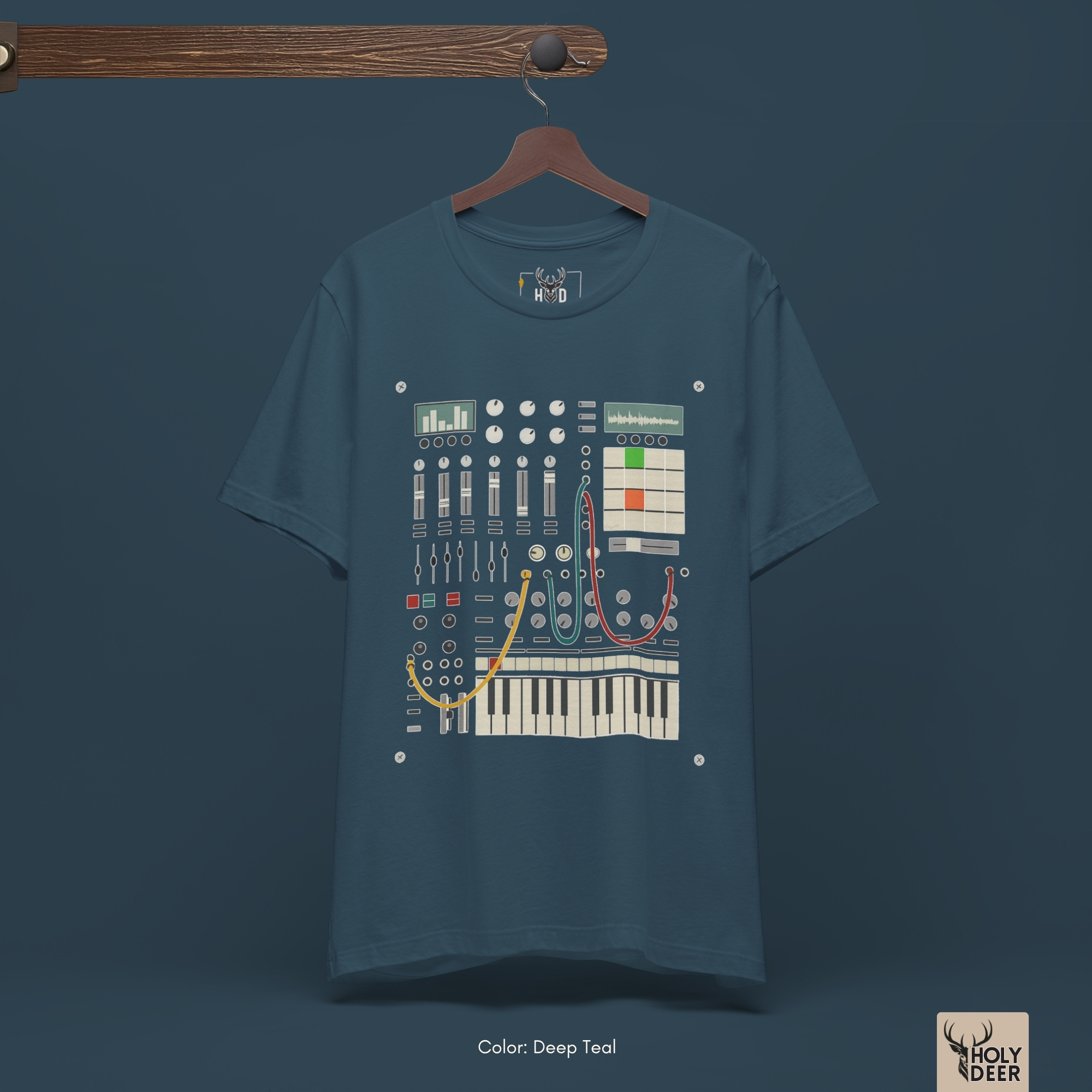 Minimalist dark backdrop focusing heavily on the standalone frame of the Modular Synth Tee by Holydeer, proving it acts as a unique wearable art piece and an essential analog synth shirt collectible.