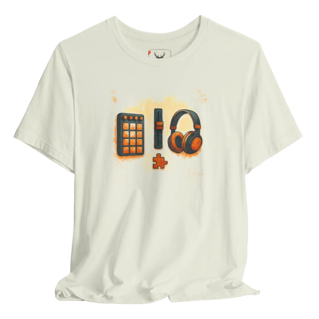Brown t shirt featuring a music production graphic with a pad controller, fader and headphones, perfect for music producers, beat makers, audio engineers, DJs and studio creators who enjoy beatmaking, sound design, mixing sessions, recording studio life and modern producer streetwear. Ideal for everyday wear or as a producer-themed gift for anyone in the music industry.