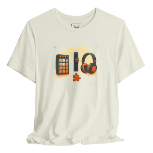 Brown t shirt featuring a music production graphic with a pad controller, fader and headphones, perfect for music producers, beat makers, audio engineers, DJs and studio creators who enjoy beatmaking, sound design, mixing sessions, recording studio life and modern producer streetwear. Ideal for everyday wear or as a producer-themed gift for anyone in the music industry.