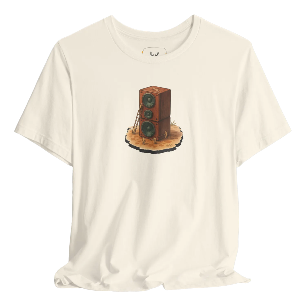 Unique vintage speaker graphic t-shirt designed for music lovers. This soft cotton tee features a retro sound design that is perfect for concerts or casual outings. Ideal for those who appreciate cool music-themed clothing and artistic apparel.