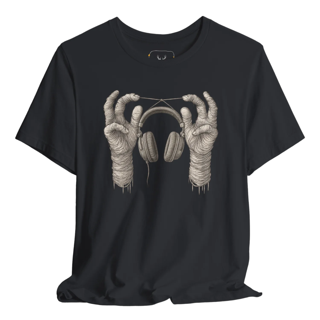 A unique graphic t-shirt designed for music lovers featuring artistic hands holding headphones, perfect for expressing your passion for music through comfortable and stylish apparel. Ideal for casual wear, music festivals, and as gifts for musicians.
