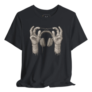 A unique graphic t-shirt designed for music lovers featuring artistic hands holding headphones, perfect for expressing your passion for music through comfortable and stylish apparel. Ideal for casual wear, music festivals, and as gifts for musicians.