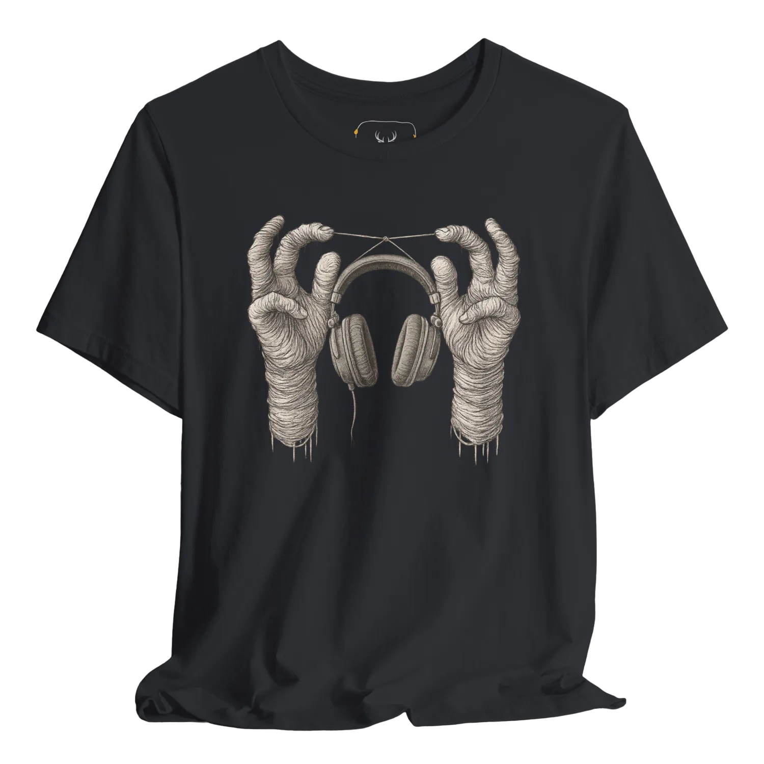 A unique graphic t-shirt designed for music lovers featuring artistic hands holding headphones, perfect for expressing your passion for music through comfortable and stylish apparel. Ideal for casual wear, music festivals, and as gifts for musicians.