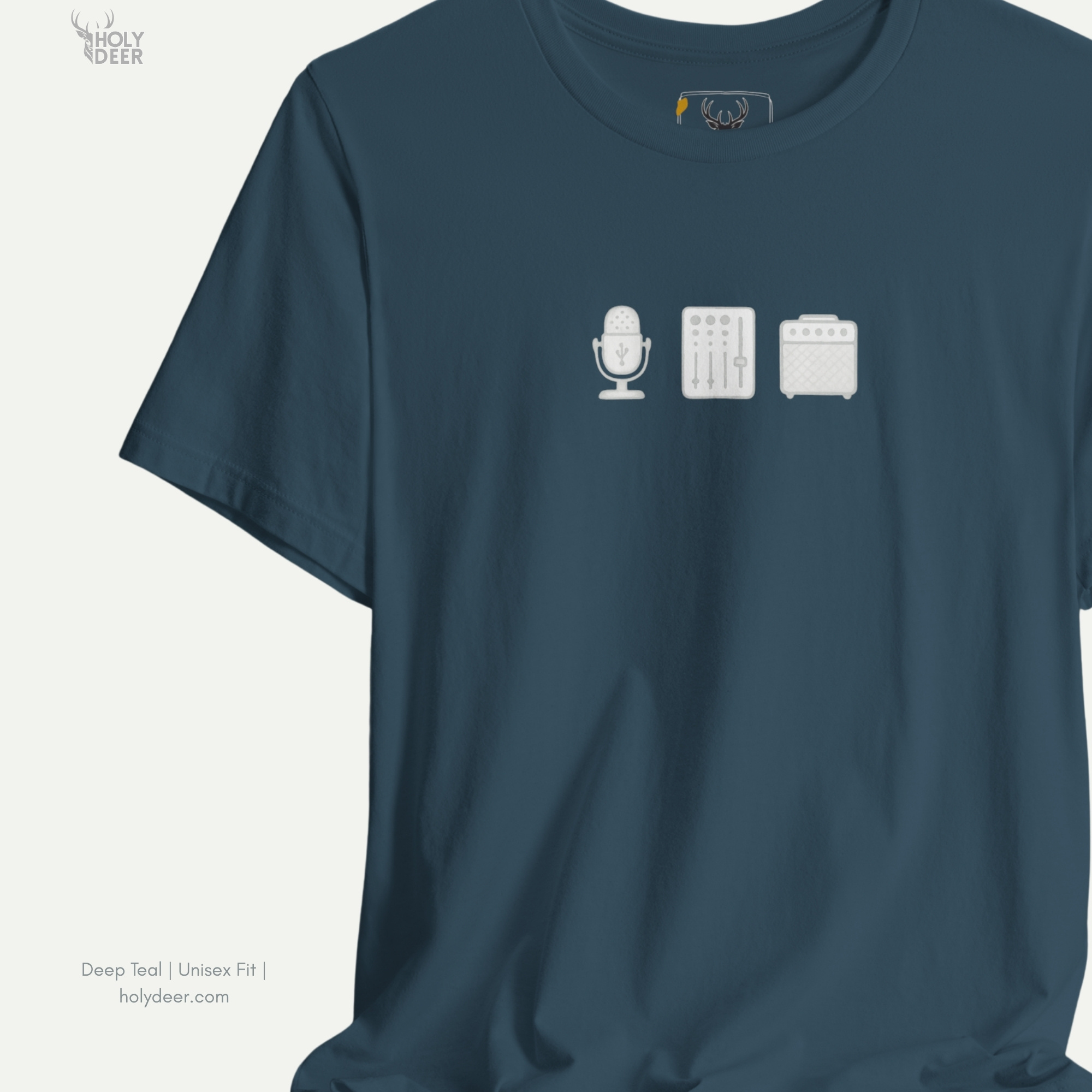 Abstract artistic lookbook frame manipulating deep fabric wrinkles and crisp side shadow blocks on the podcast host top garment.