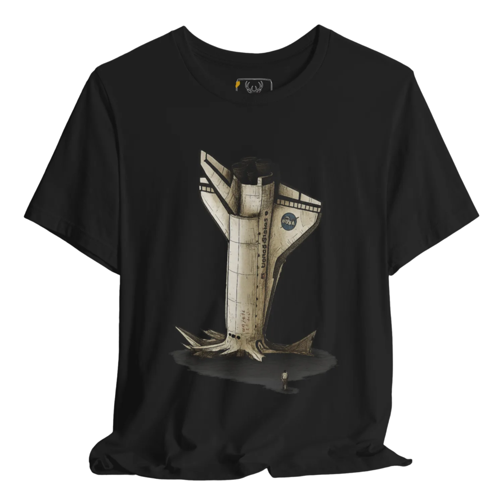 Black t shirt featuring a NASA space shuttle illustrated as a tree stump, creating a conceptual environmental art piece for astronomy lovers, NASA fans, sci-fi readers, and space exploration enthusiasts who enjoy thoughtful aerospace graphic streetwear.