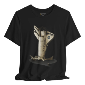 Black t shirt featuring a NASA space shuttle illustrated as a tree stump, creating a conceptual environmental art piece for astronomy lovers, NASA fans, sci-fi readers, and space exploration enthusiasts who enjoy thoughtful aerospace graphic streetwear.