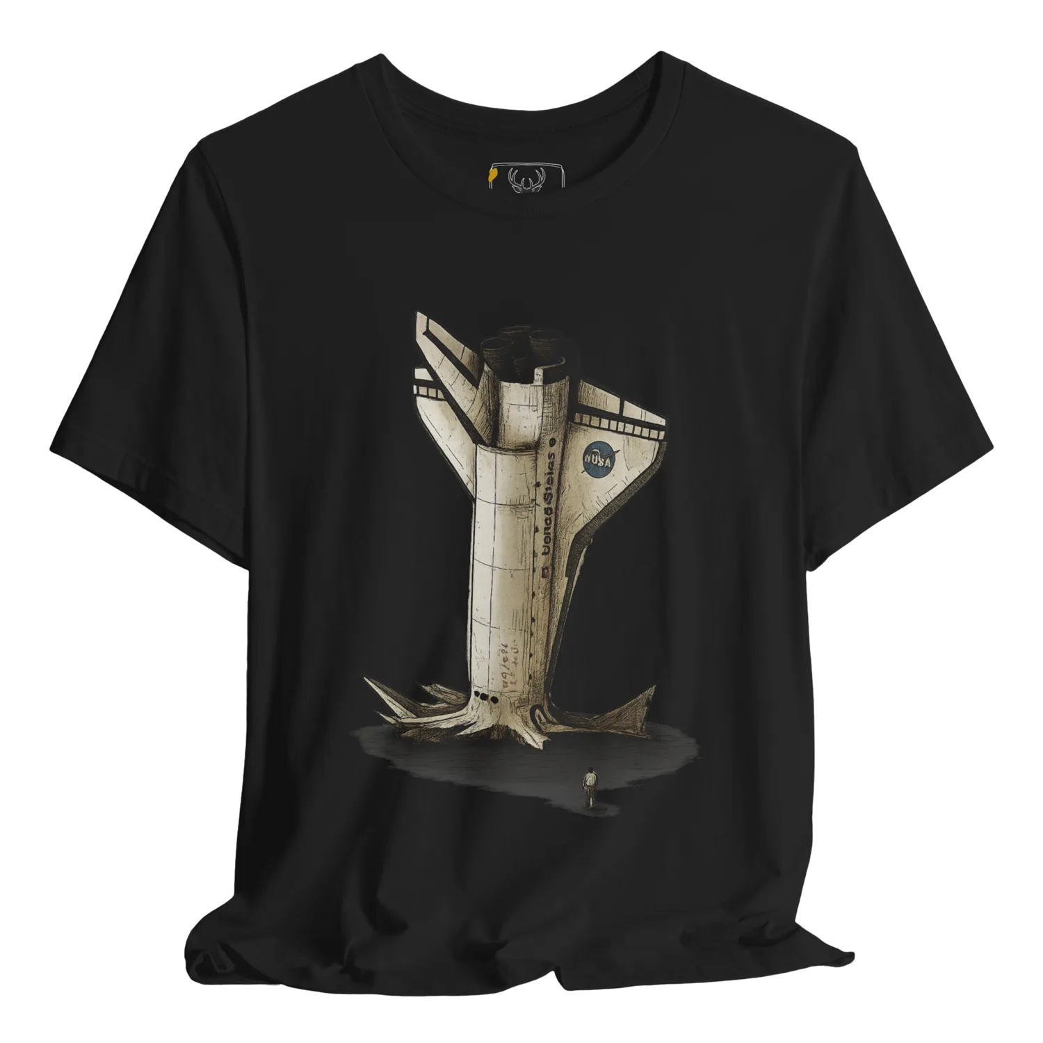Black t shirt featuring a NASA space shuttle illustrated as a tree stump, creating a conceptual environmental art piece for astronomy lovers, NASA fans, sci-fi readers, and space exploration enthusiasts who enjoy thoughtful aerospace graphic streetwear.