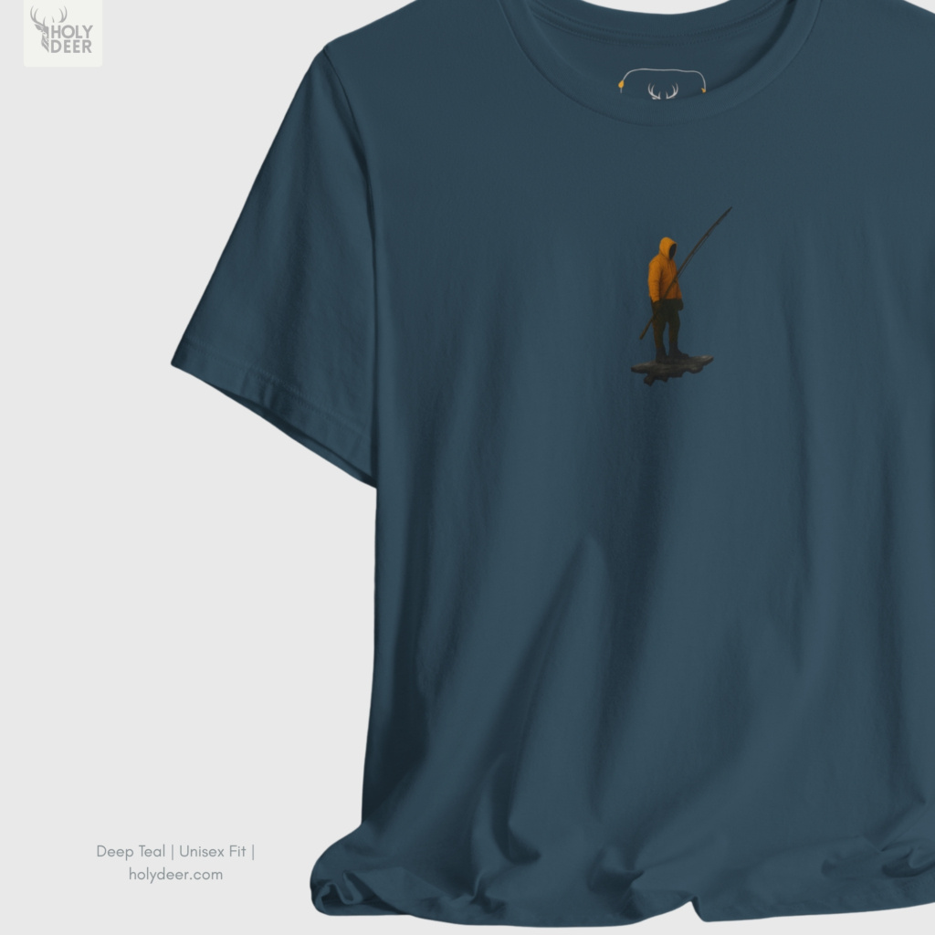 A candid industrial concrete underpass outdoor lifestyle photo featuring an outdoor enthusiast wearing the official Minimalist Fish Tee by Holydeer Clothing, blending seamlessly into raw gorpcore fashion and dynamic seaside graphic tee settings.