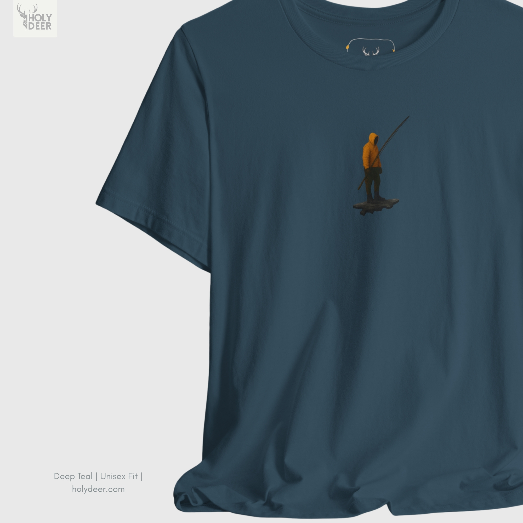 A candid industrial concrete underpass outdoor lifestyle photo featuring an outdoor enthusiast wearing the official Minimalist Fish Tee by Holydeer Clothing, blending seamlessly into raw gorpcore fashion and dynamic seaside graphic tee settings.