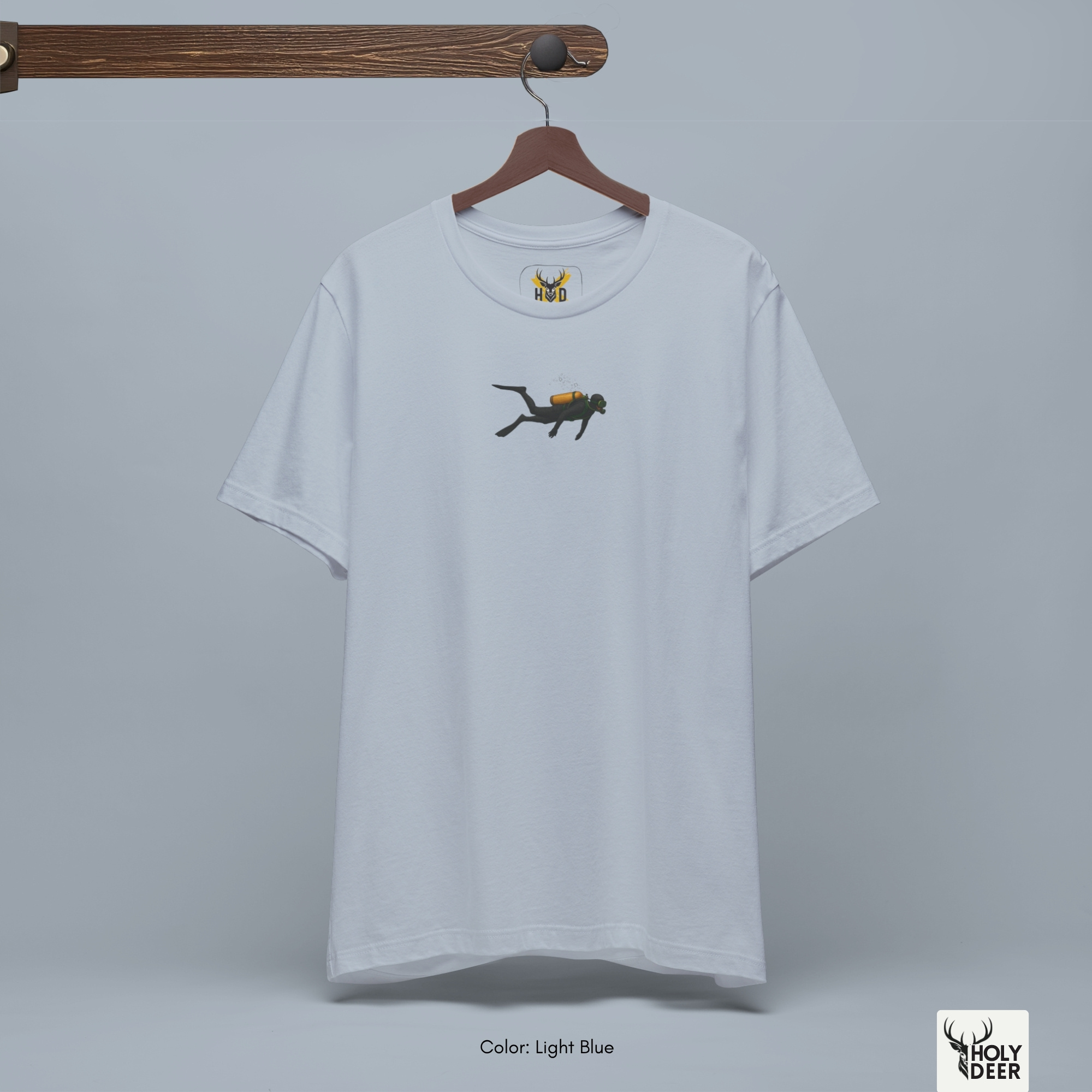 Angled perspective of the premium screen-printed Scuba Diving Shirt, detailing the thick paint feel of the sleek black wetsuit silhouette and long fins lines, center layout placement, and the signature holydeer tee high-contrast design.