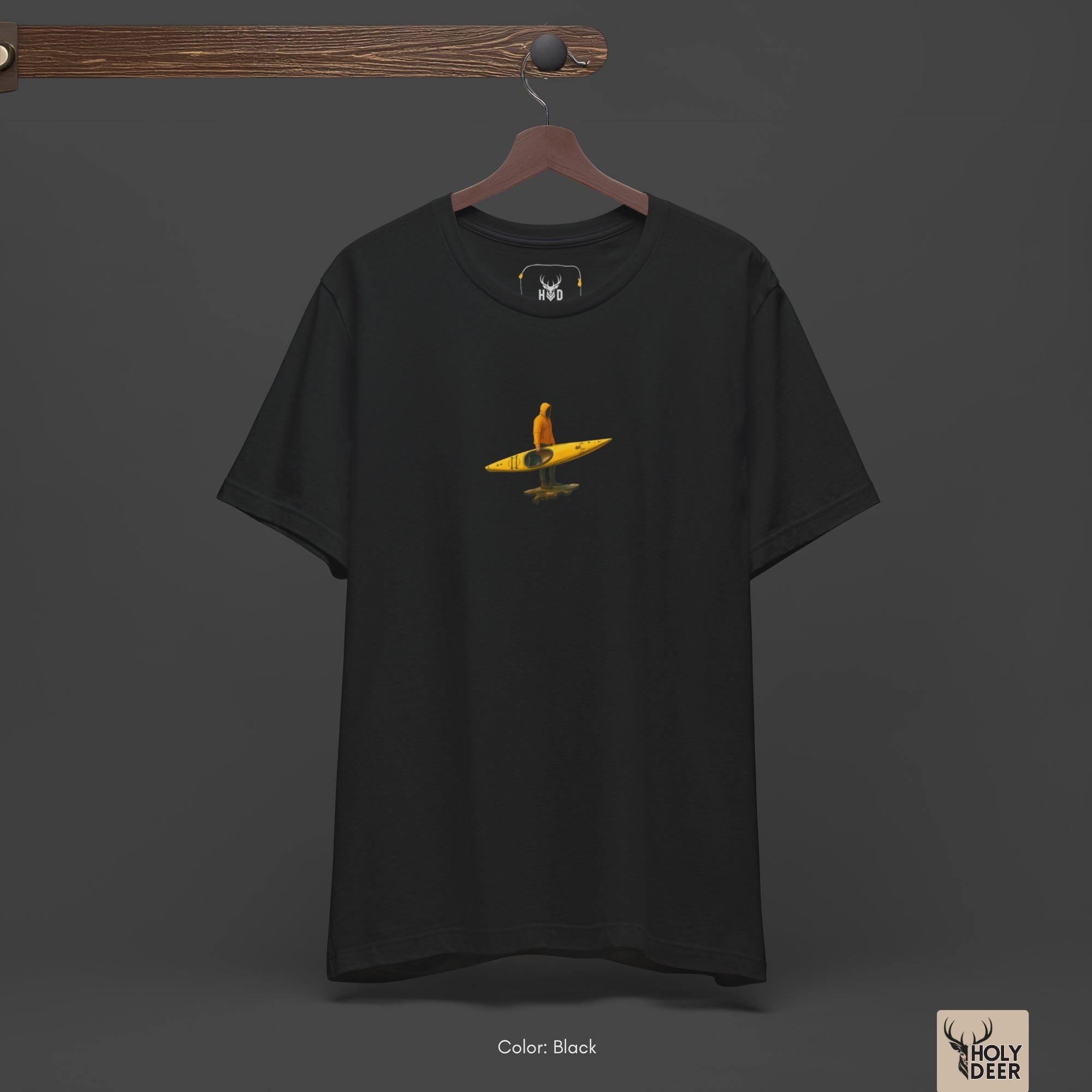 A candid misty alpine lake outdoor lifestyle photo featuring a creator wearing the official River Adventure Tee by Holydeer Clothing, blending seamlessly into raw water sport tee and dynamic explorer tee settings.