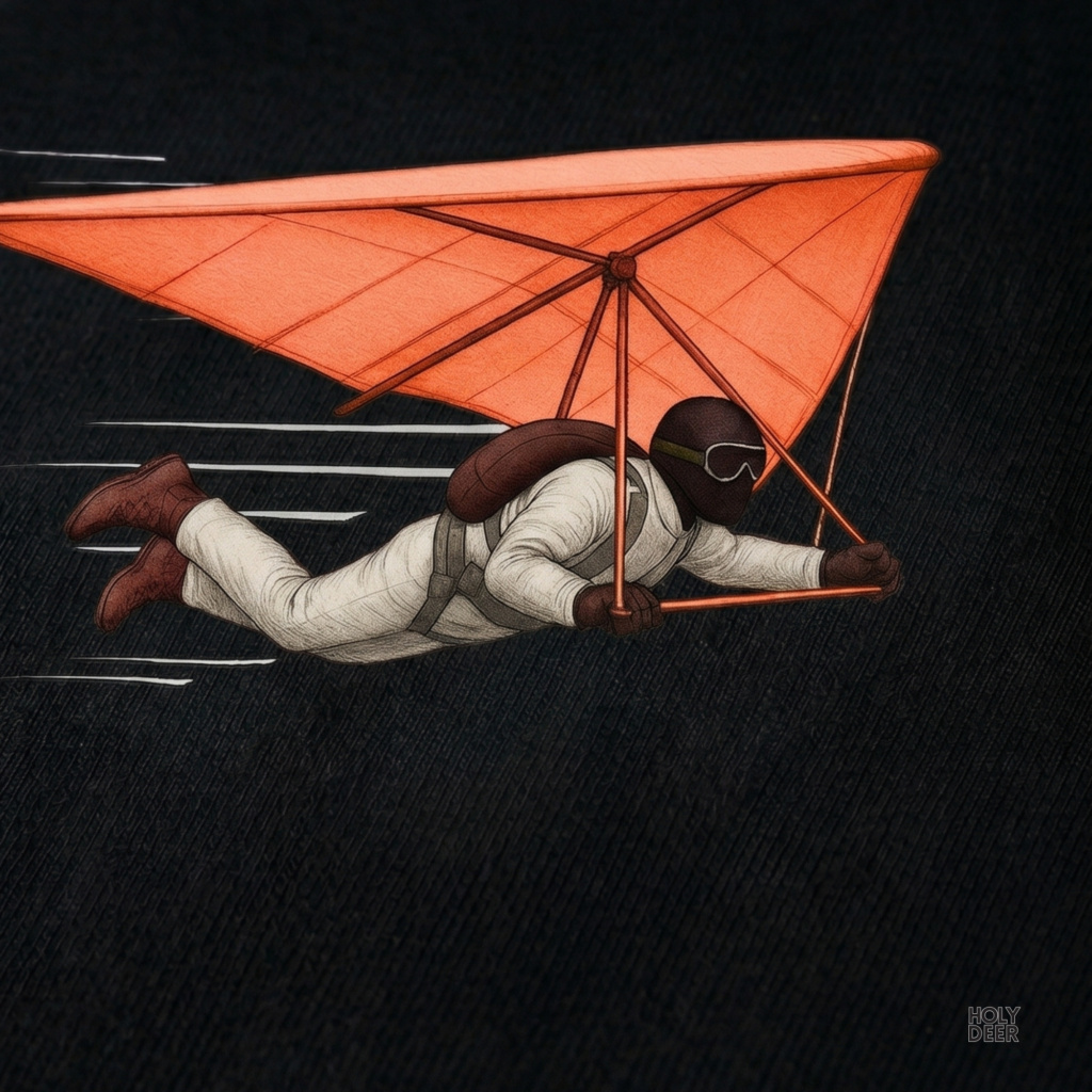 Macro view of the Hang Glider Tee print showcasing intricate fabric textures on the retro orange glider wing, sleek wind velocity lines, and fine paragliding top details crafted exclusively by Holydeer Streetwear.
