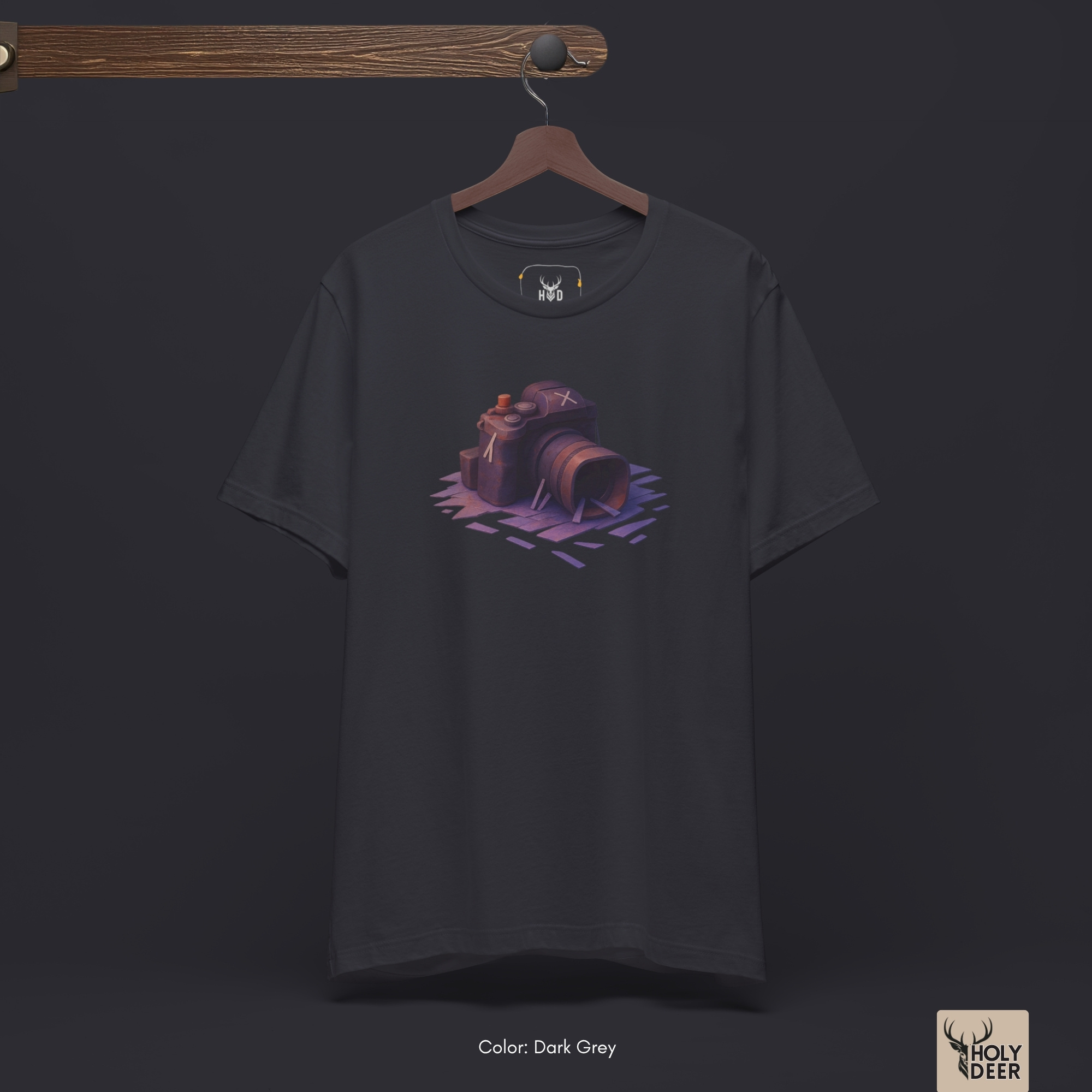 Angled perspective of the premium screen-printed Photographer Shirt, detailing the thick paint feel of the retro camera layout silhouette and minimal shutter button lines, center layout placement, and the signature holydeer tee high-contrast design.