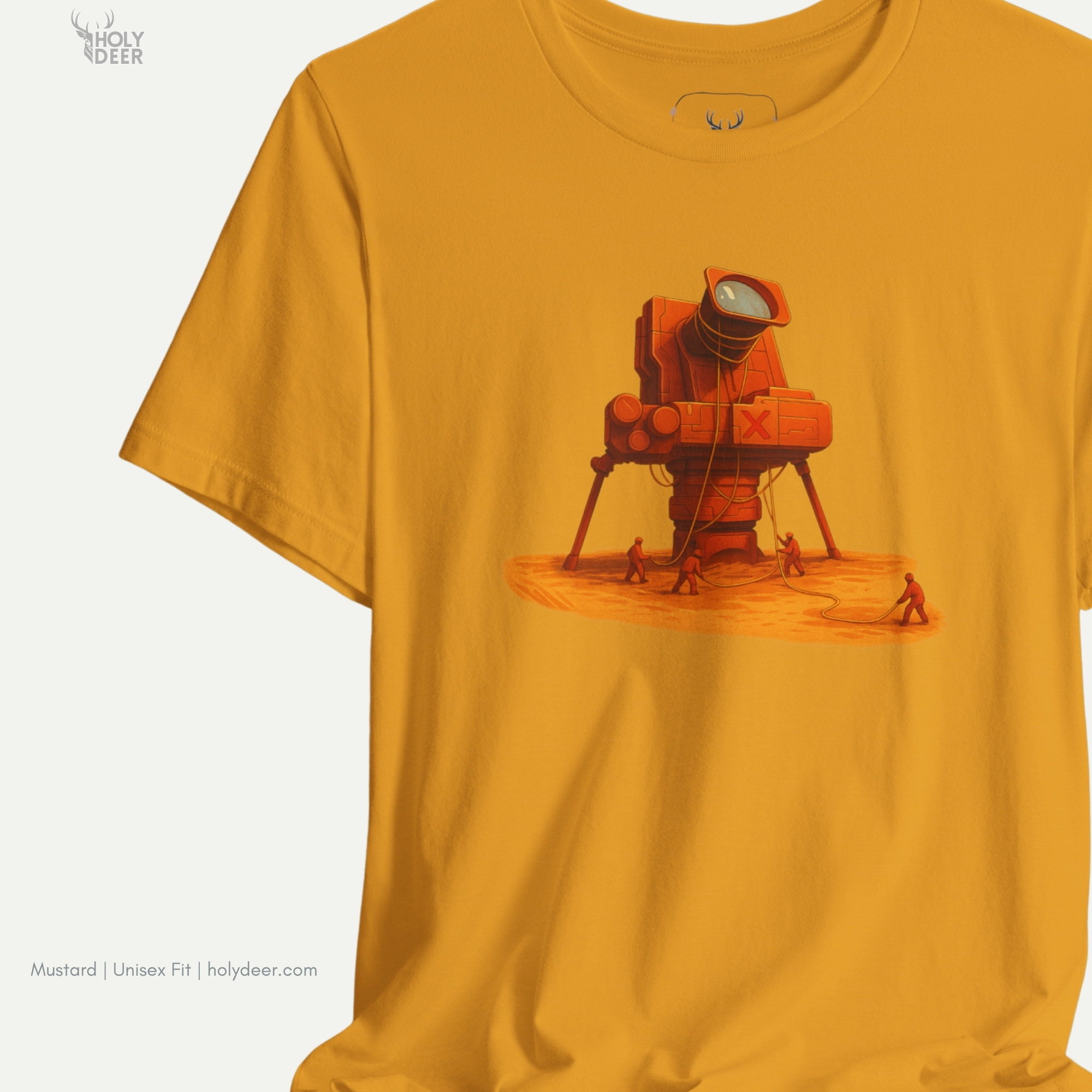 Professional flat lay photography of the Surreal Camera Art by Holydeer Apparel, arranged cleanly next to vintage brass industrial pressure gauges, heavy braided tether cables, and premium lifestyle sci fi explorer tee essentials.