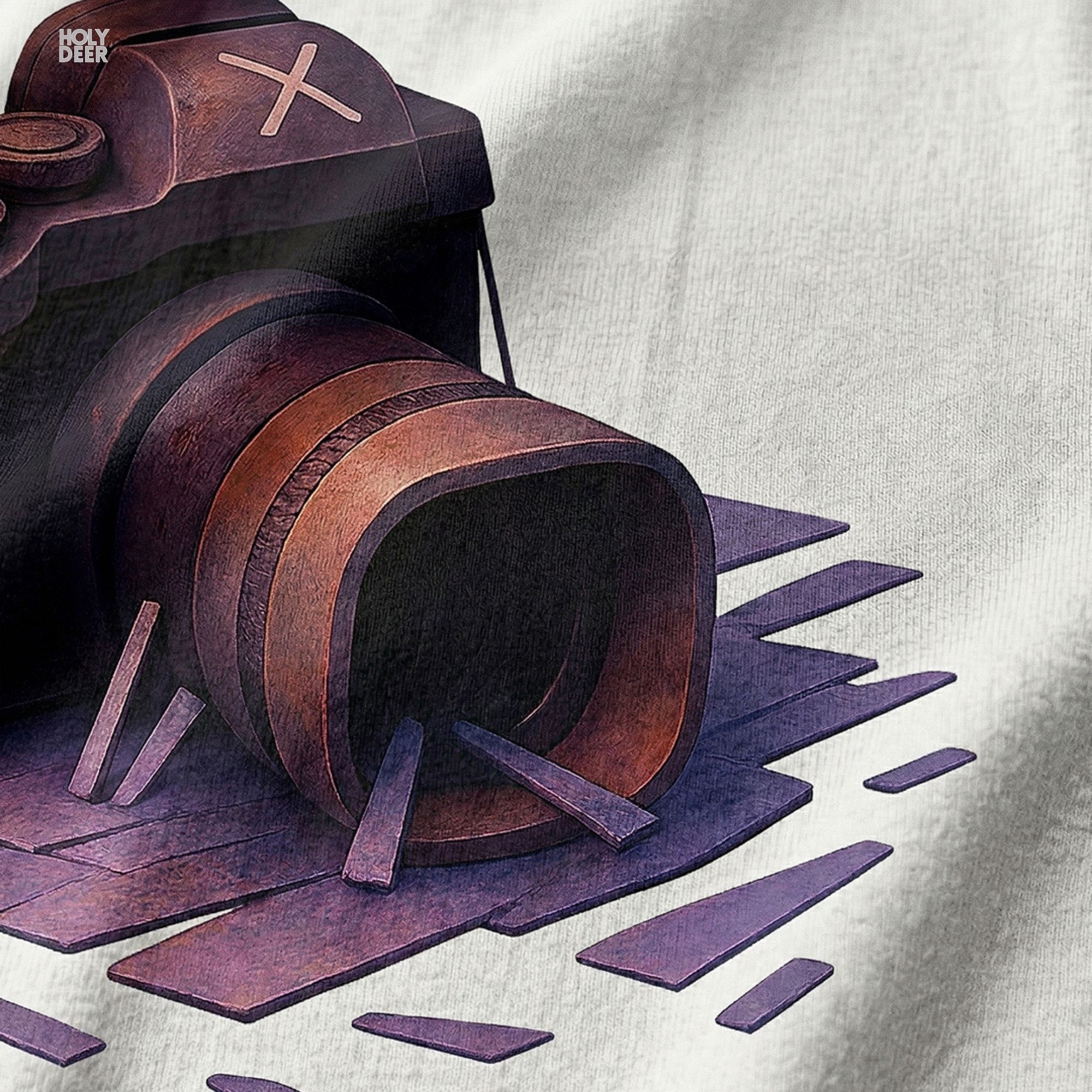 Macro view of the Photographer Shirt print showcasing intricate ink line-haching on the wide camera lens rings, top prism minimal X mark, and subtle purple abstract shadow layers crafted exclusively by Holydeer Streetwear.
