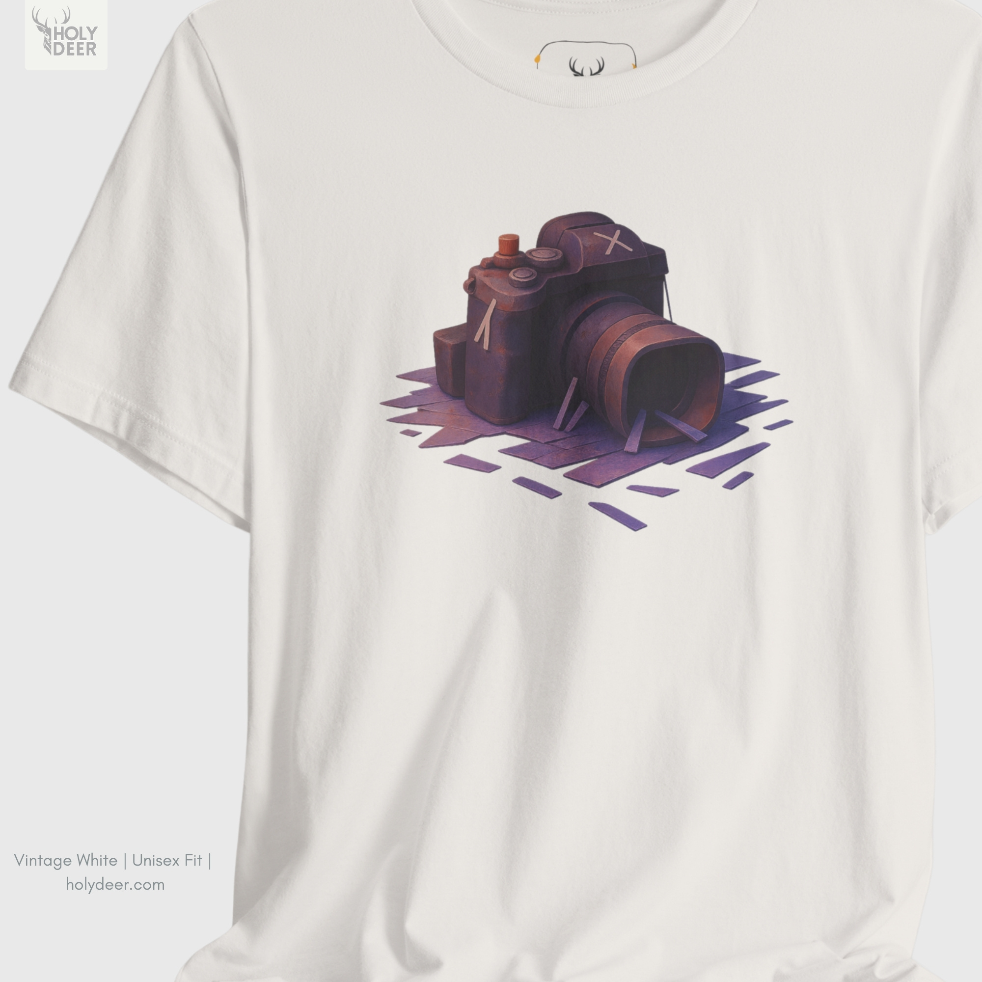 Minimalist dark backdrop focusing heavily on the standalone frame of the Photographer Shirt by Holydeer, proving it acts as a unique wearable art piece and an essential camera art tee collectible.