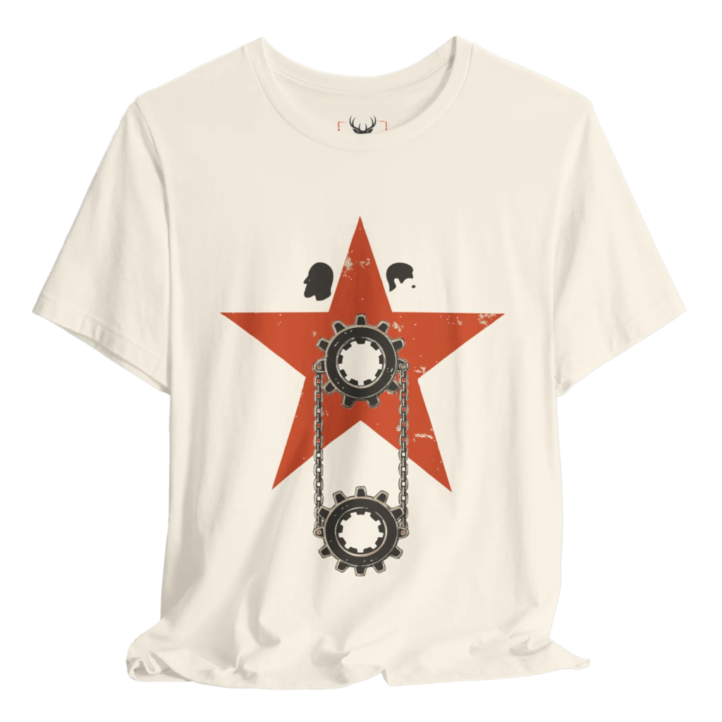 Cream t shirt with red star propaganda design featuring Marx and Hitler silhouettes, gears, and chains, offering strong political symbolism for history nerds, political theory readers, and ideology lovers who appreciate controversial visual commentary in graphic streetwear apparel.