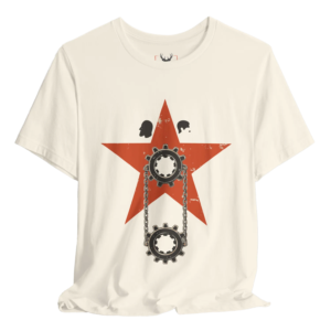 Cream t shirt with red star propaganda design featuring Marx and Hitler silhouettes, gears, and chains, offering strong political symbolism for history nerds, political theory readers, and ideology lovers who appreciate controversial visual commentary in graphic streetwear apparel.