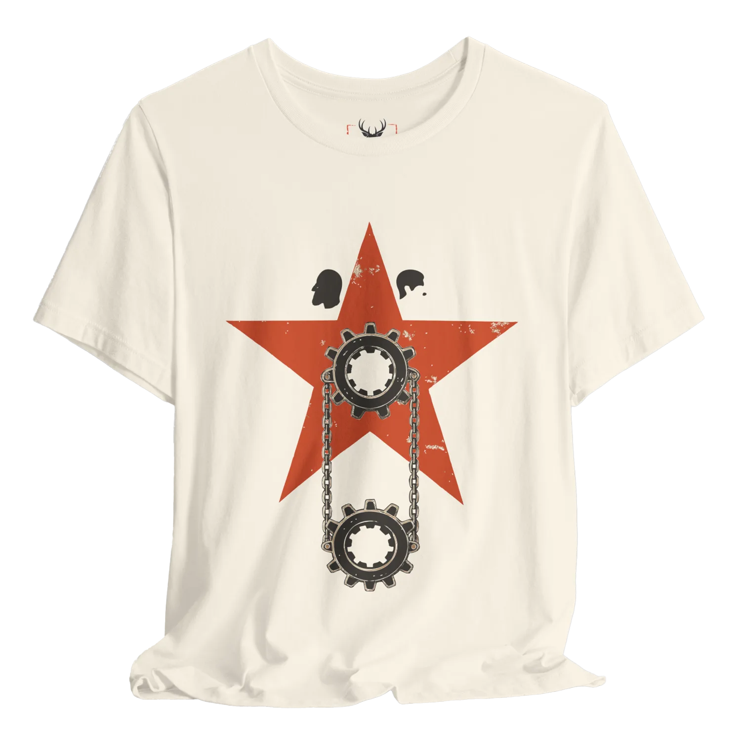 Cream t shirt with red star propaganda design featuring Marx and Hitler silhouettes, gears, and chains, offering strong political symbolism for history nerds, political theory readers, and ideology lovers who appreciate controversial visual commentary in graphic streetwear apparel.