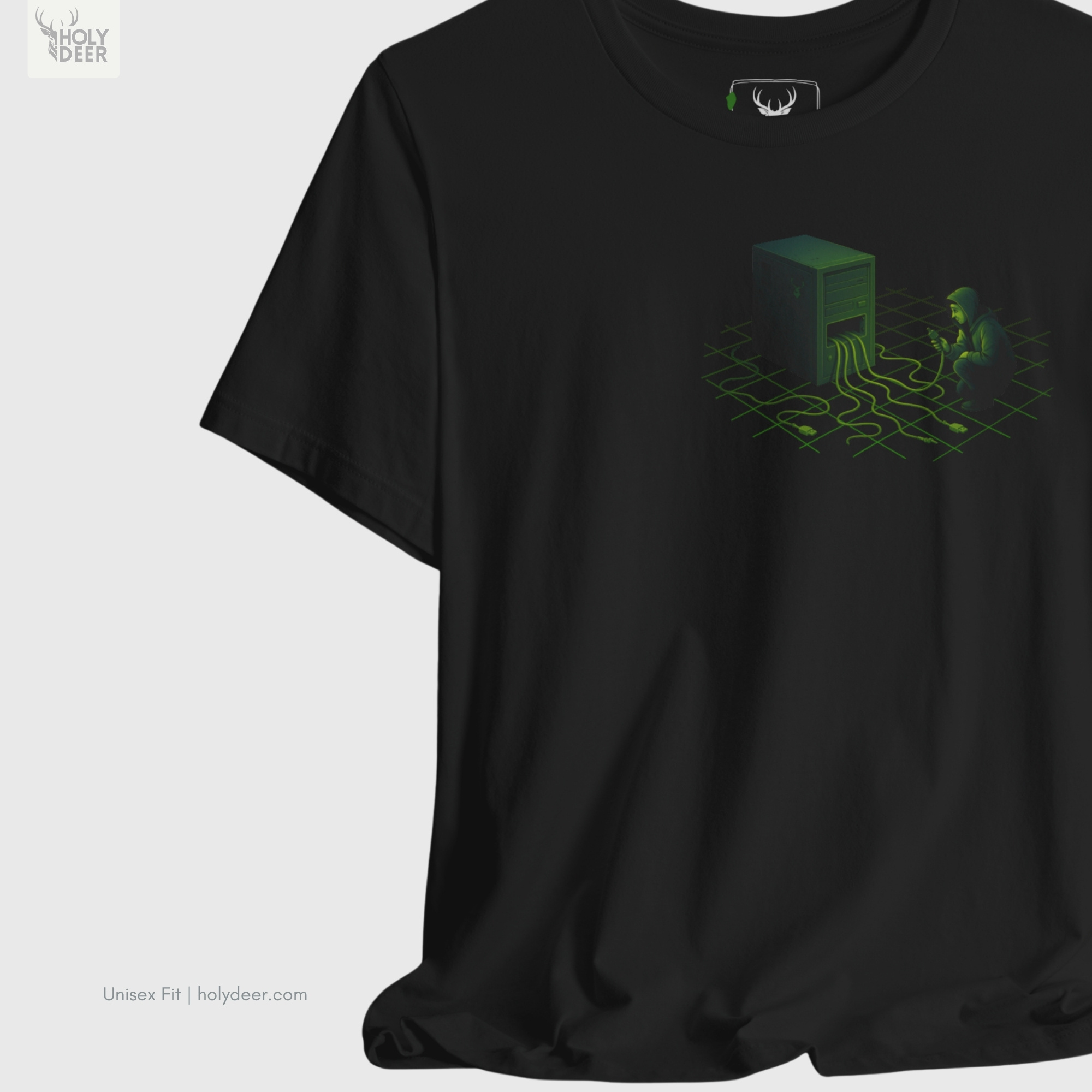 Angled perspective of the premium screen-printed Cyberpunk Tee, detailing the thick paint feel of the hooded hacker character silhouette, chest layout placement, and the signature holydeer tee high-contrast design.